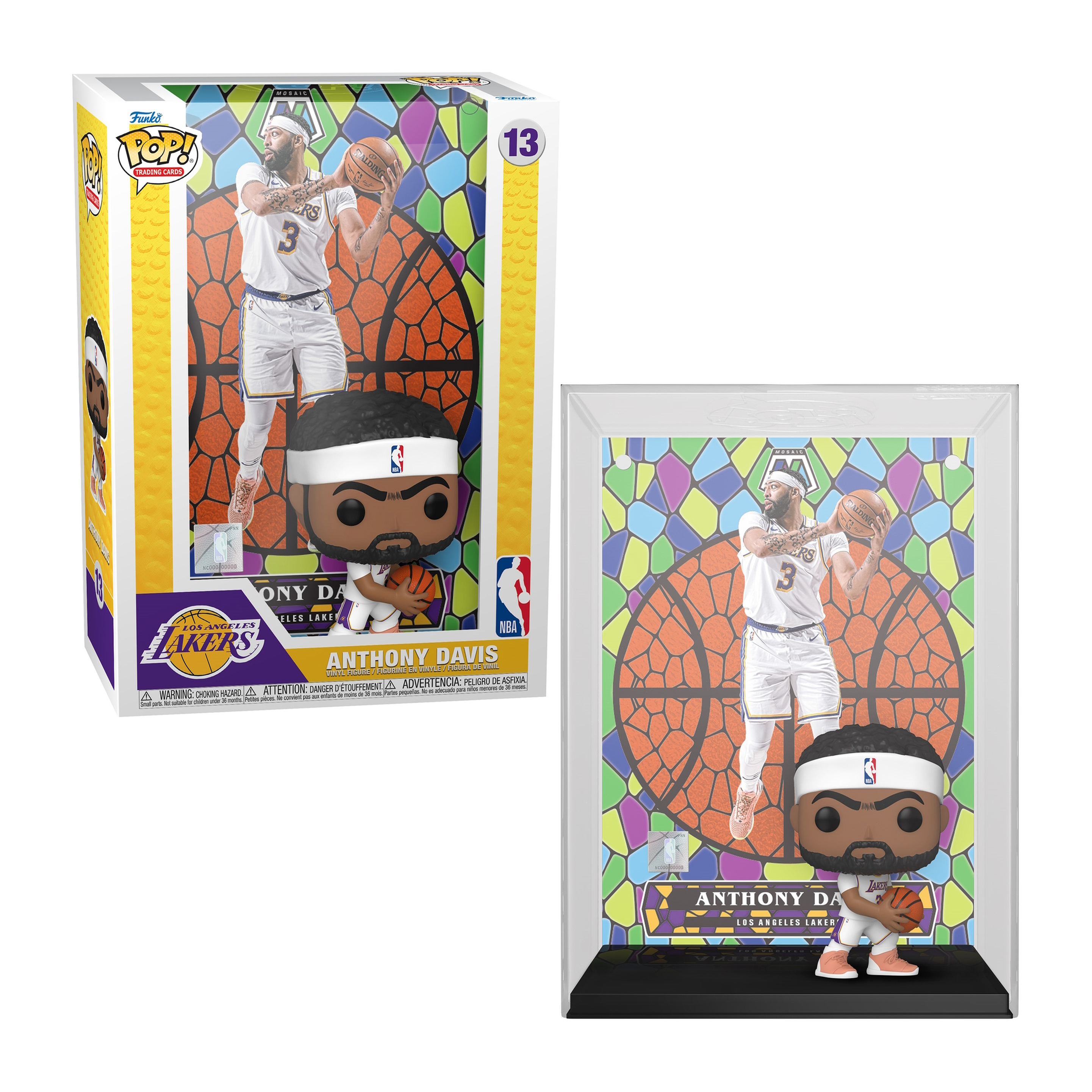 Anthony Davis Funko Pop Figur mit Box, in einem Buntglas-Display. Er hält einen Ball.