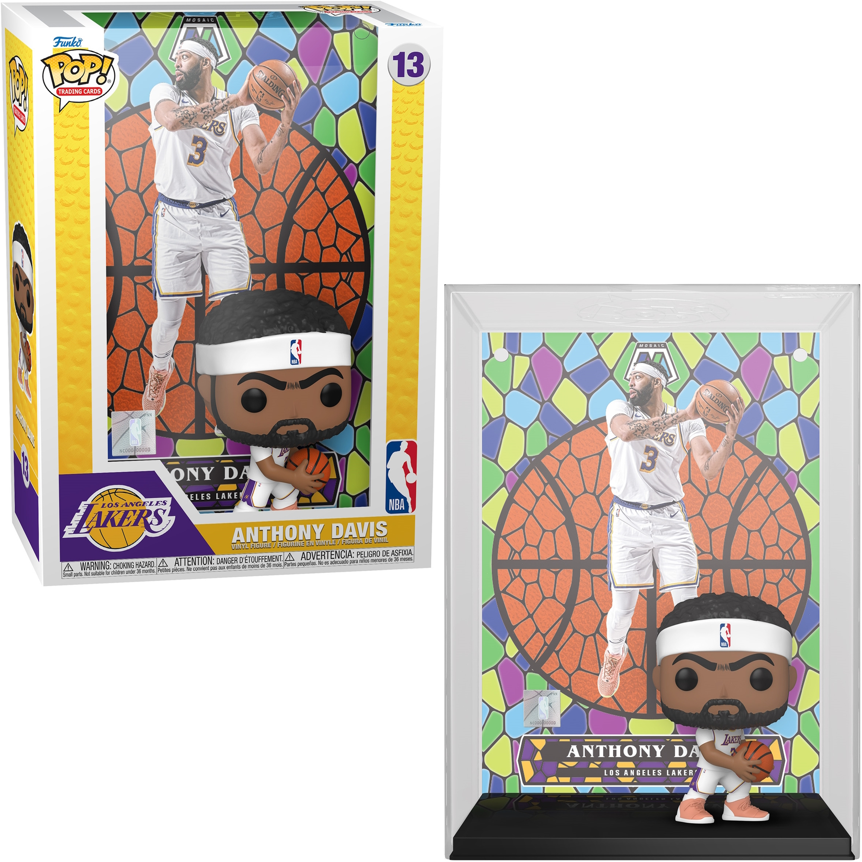 Anthony Davis Funko Pop Figur und Box. Figur im Lakers-Trikot, hält einen Basketball.