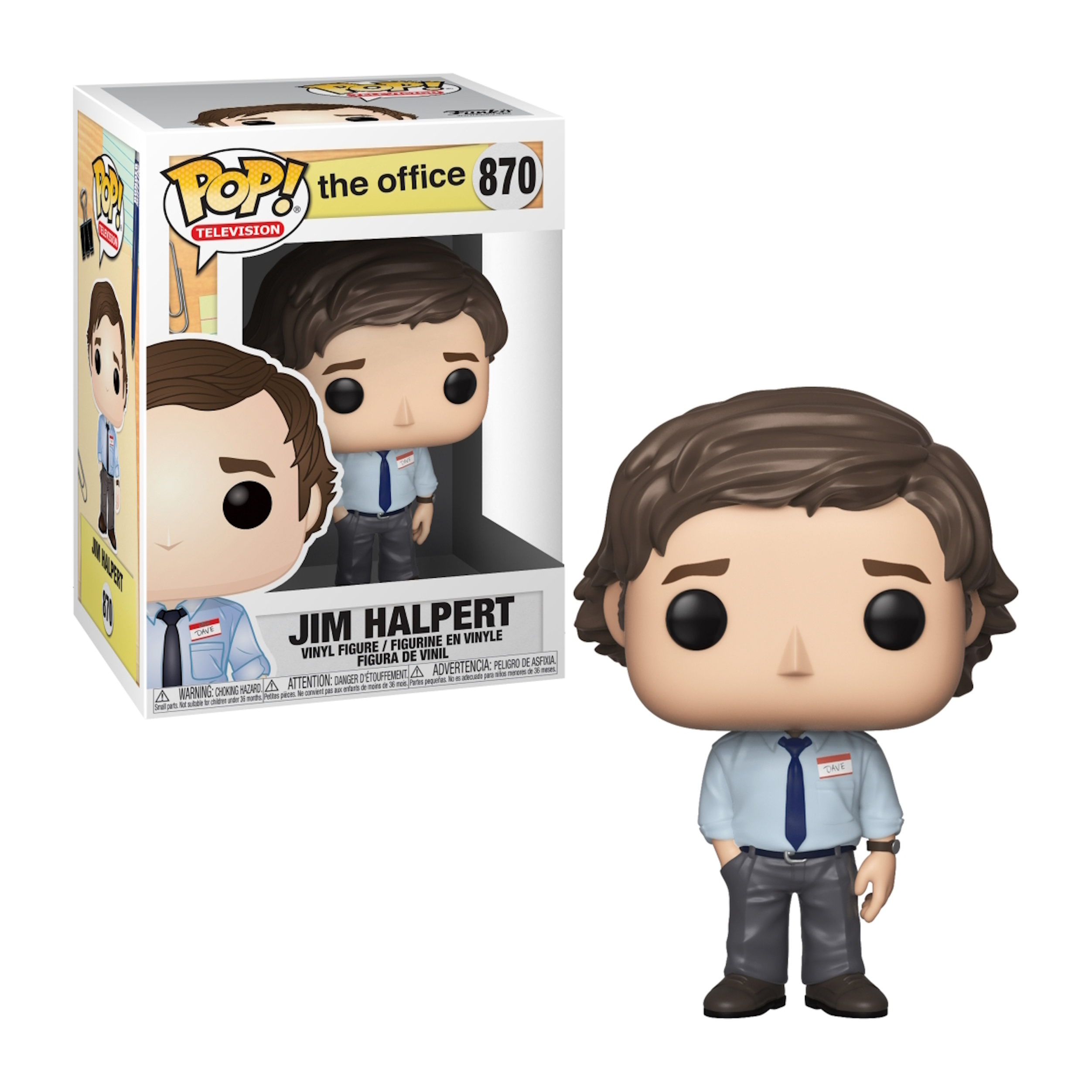 Jim Halpert Funko Pop Figur aus The Office, mit Box, trägt ein blaues Hemd, Krawatte und graue Hose.