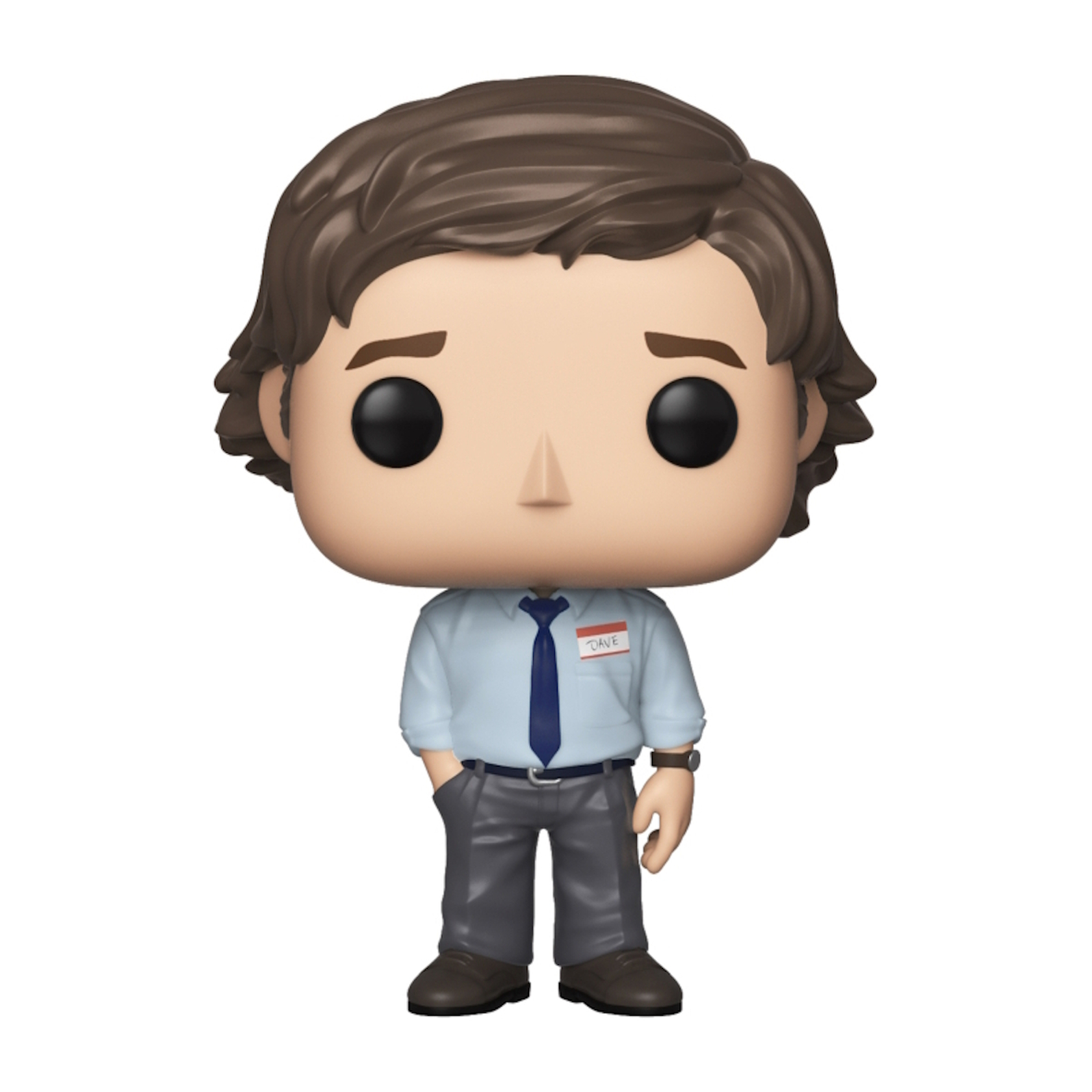 Funko Pop Figur eines Mannes mit braunen Haaren, der ein Hemd, eine Krawatte und ein Namensschild trägt.