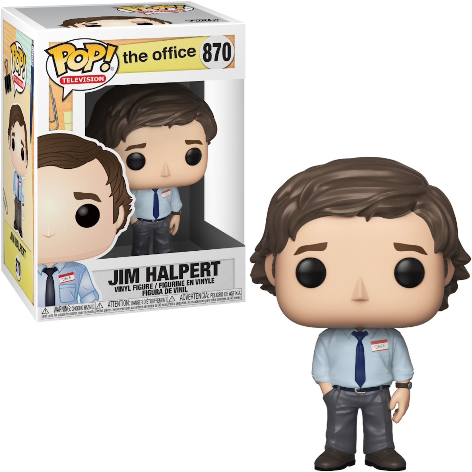 Jim Halpert aus The Office Funko Pop Figur. Er trägt ein blaues Hemd und eine Krawatte. Er hat braune Haare und eine graue Hose.