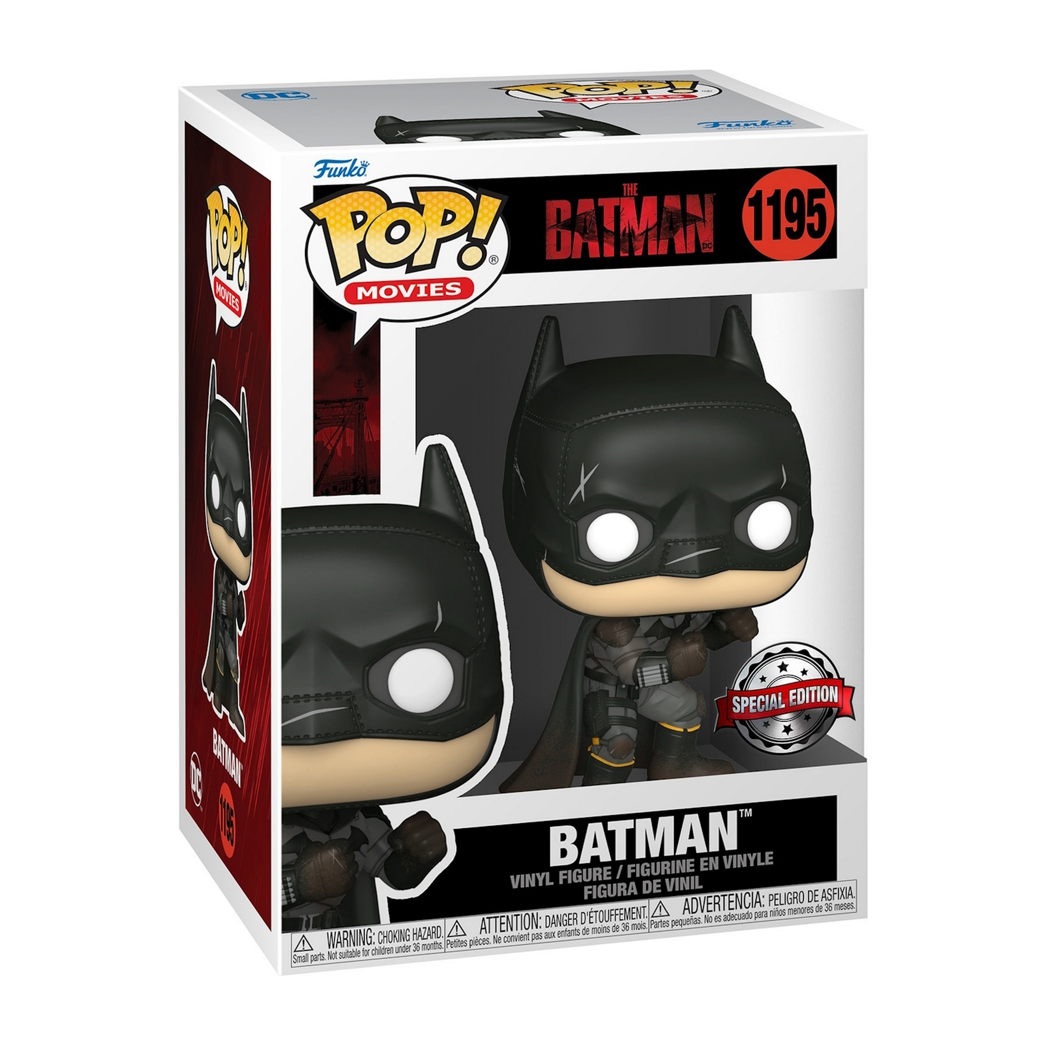 Eine Batman Funko Pop Figur. Er trägt einen schwarzen Anzug mit Umhang.