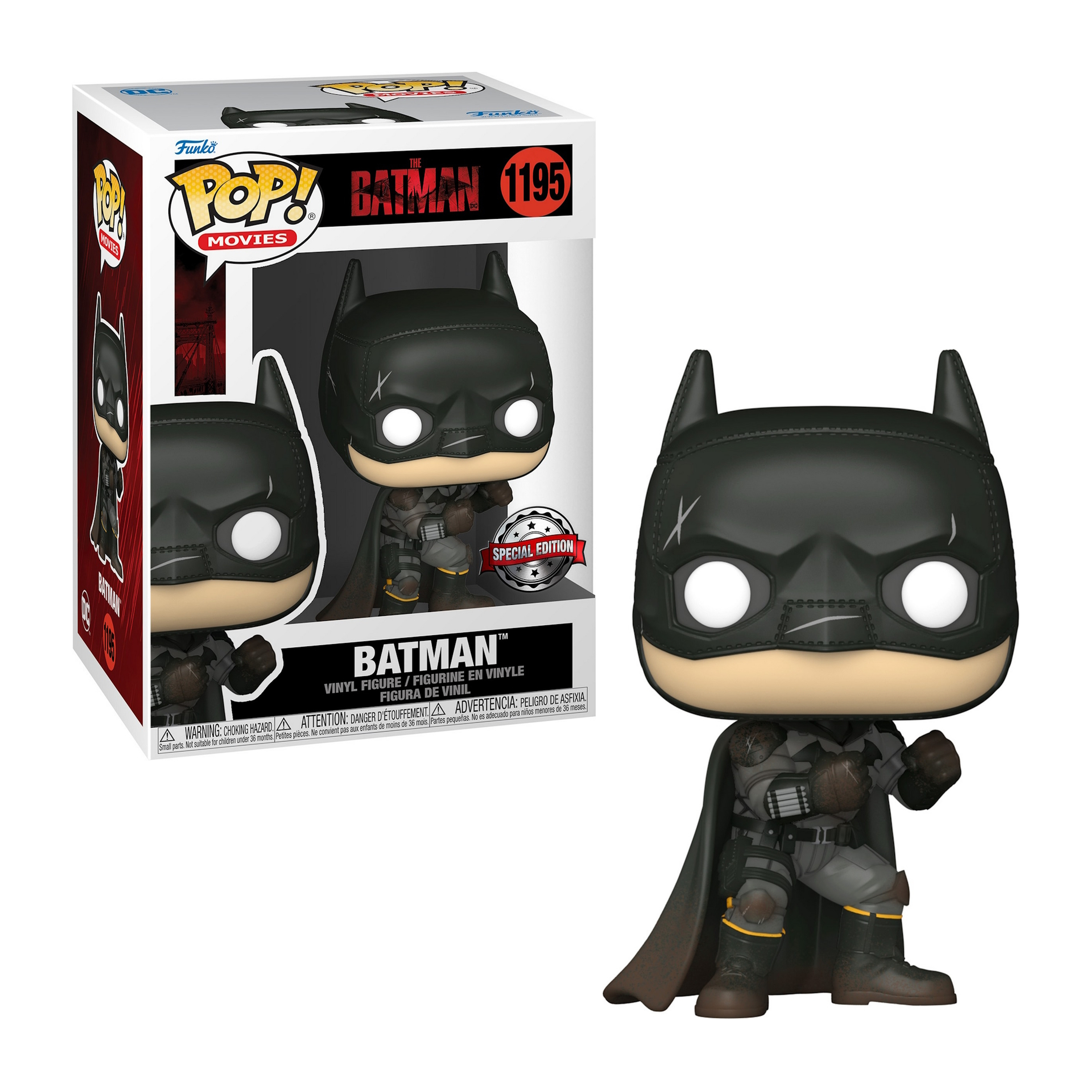 Batman Funko Pop Figur. Schwarzes Kostüm, Umhang, stehend mit ernstem Blick, in einer Box.