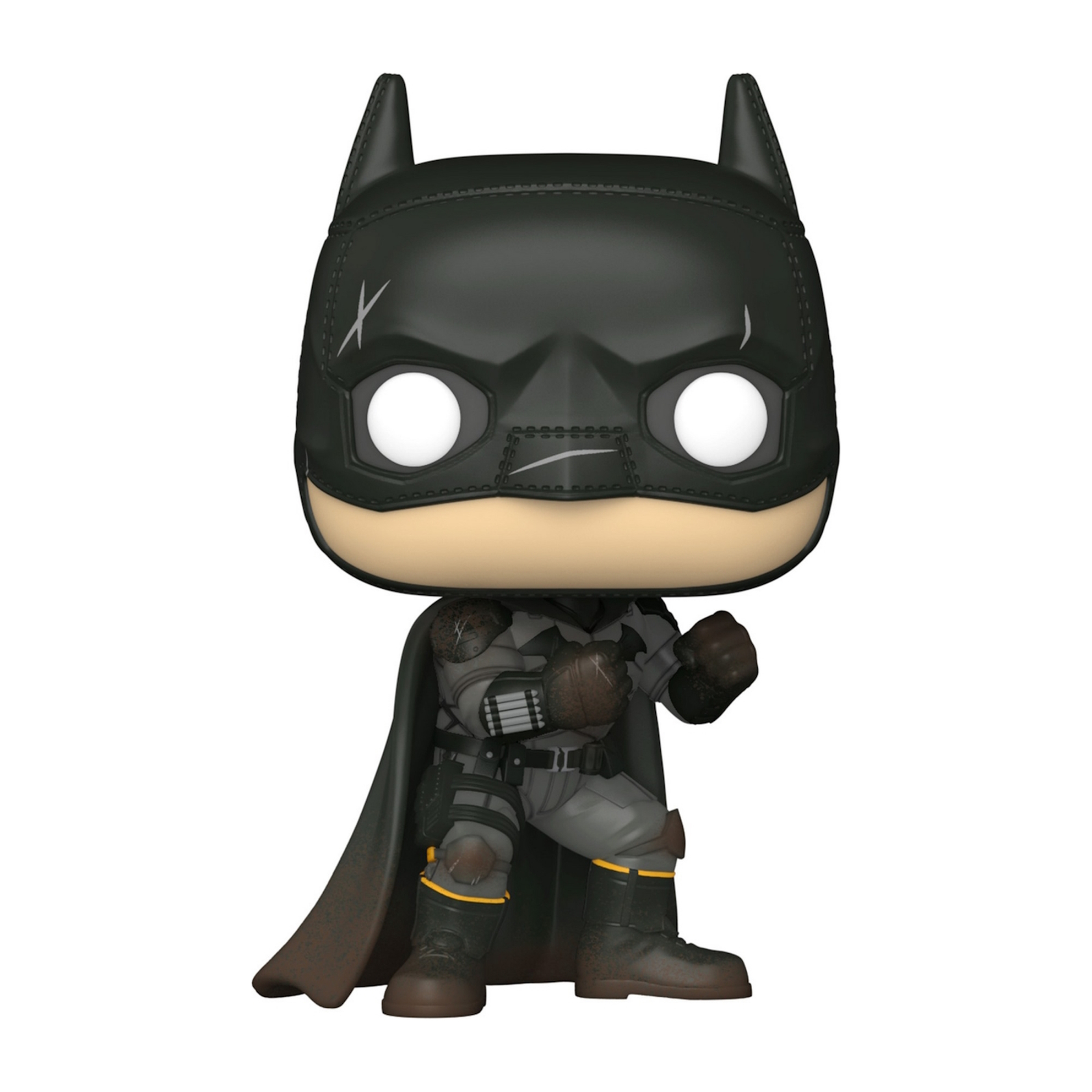 Batman Funko Pop Figur in schwarzem Anzug mit sichtbaren Augen und ernstem Blick.