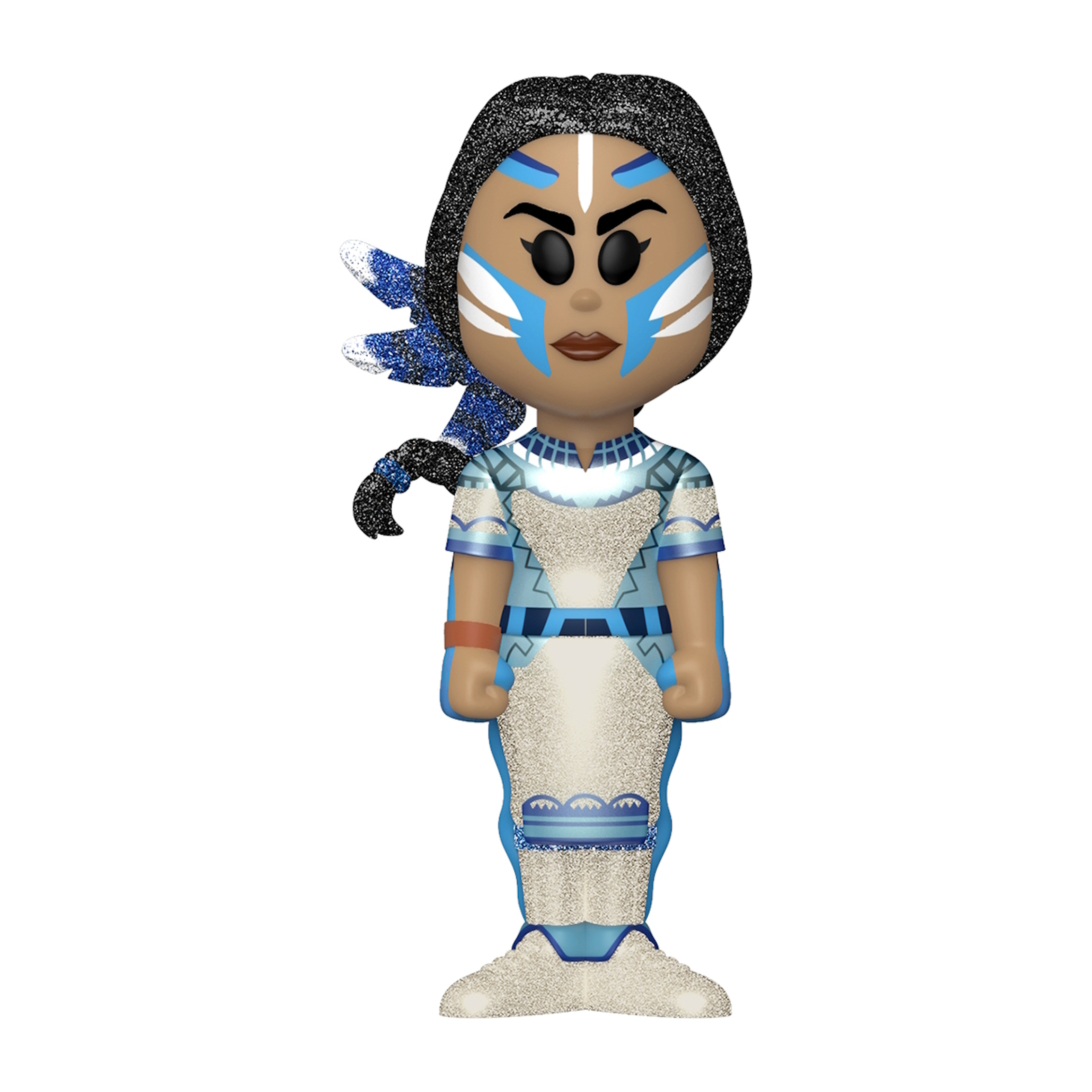 Eine Funko Pop-Figur einer Frau mit blau-weißer Gesichtsbemalung und schwarzem Haar.