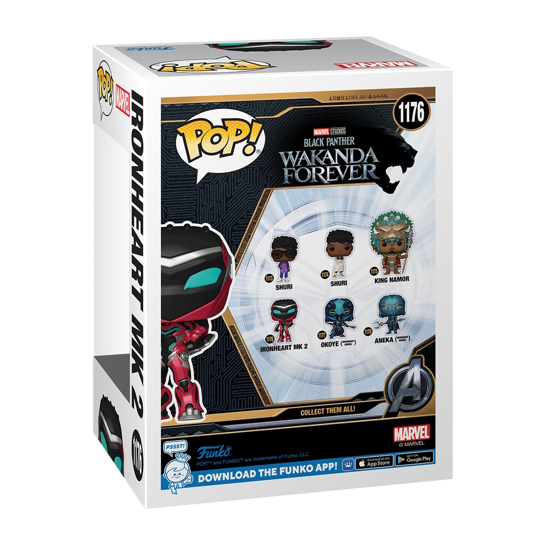 Una caja Funko Pop de Ironheart MK 2, con varios personajes de Black Panther: Wakanda Forever.