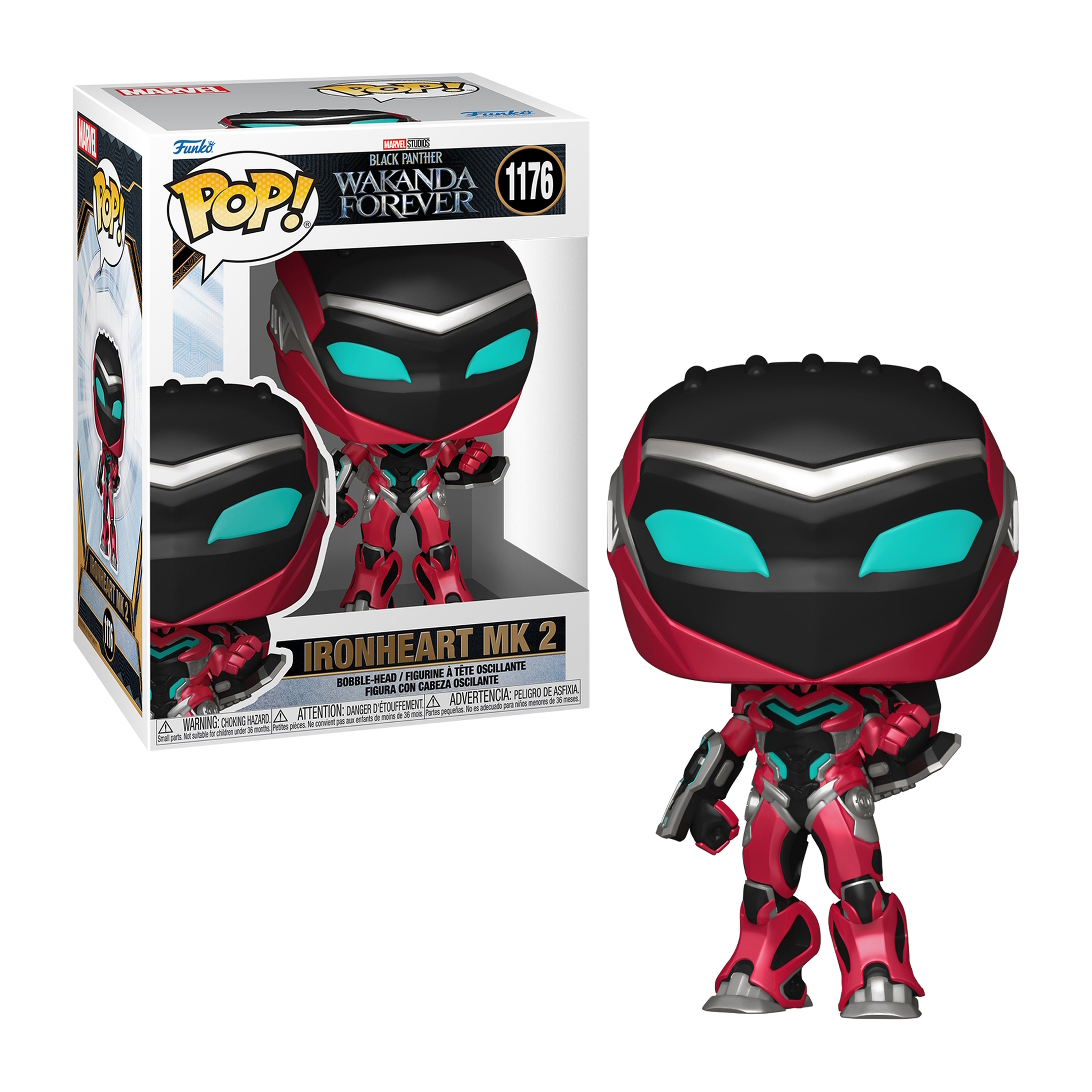 Figura de Ironheart MK 2 con un traje blindado rojo y negro. Tiene un casco negro con ojos turquesa.