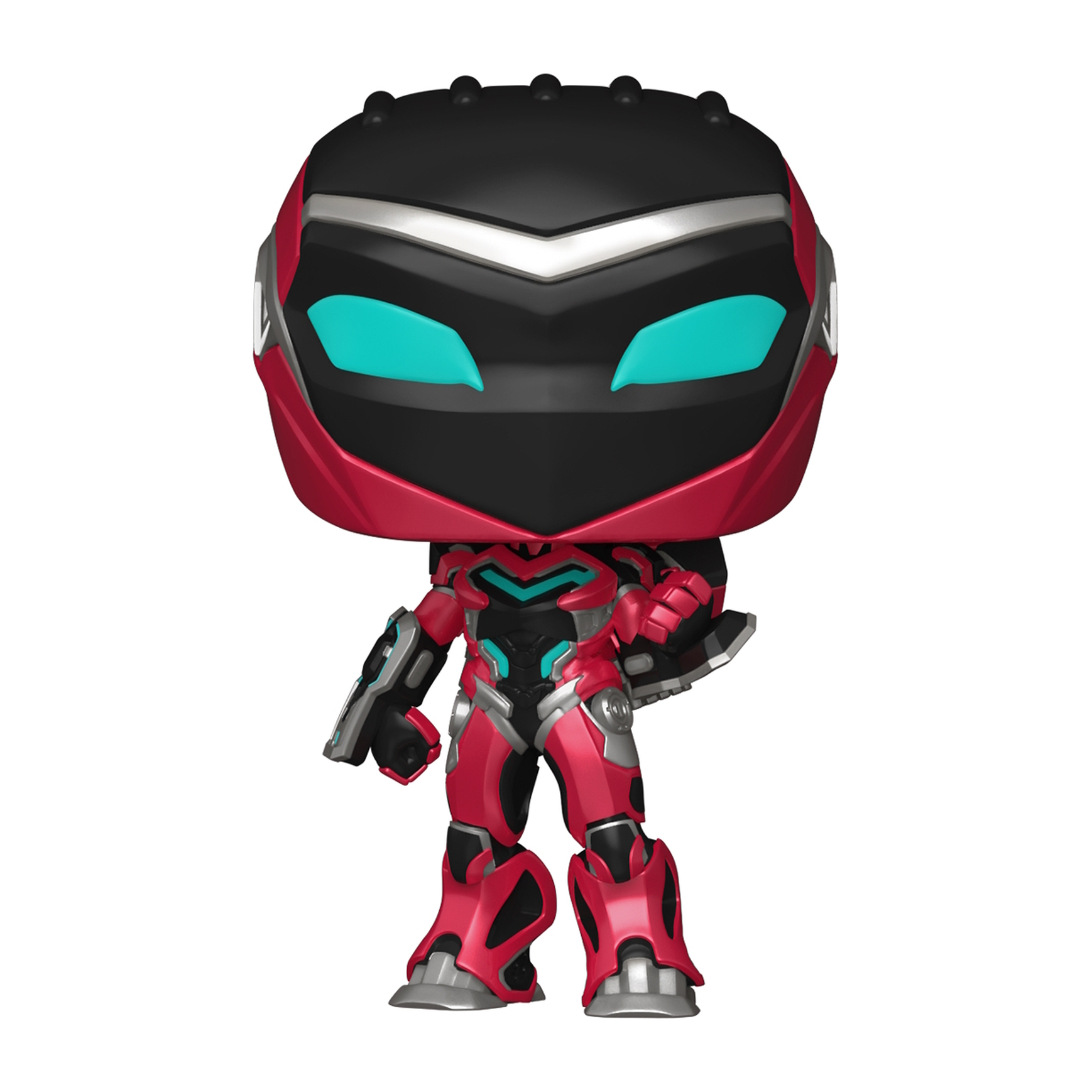 Figura de robot rojo y negro con ojos turquesa, estilo Funko Pop.