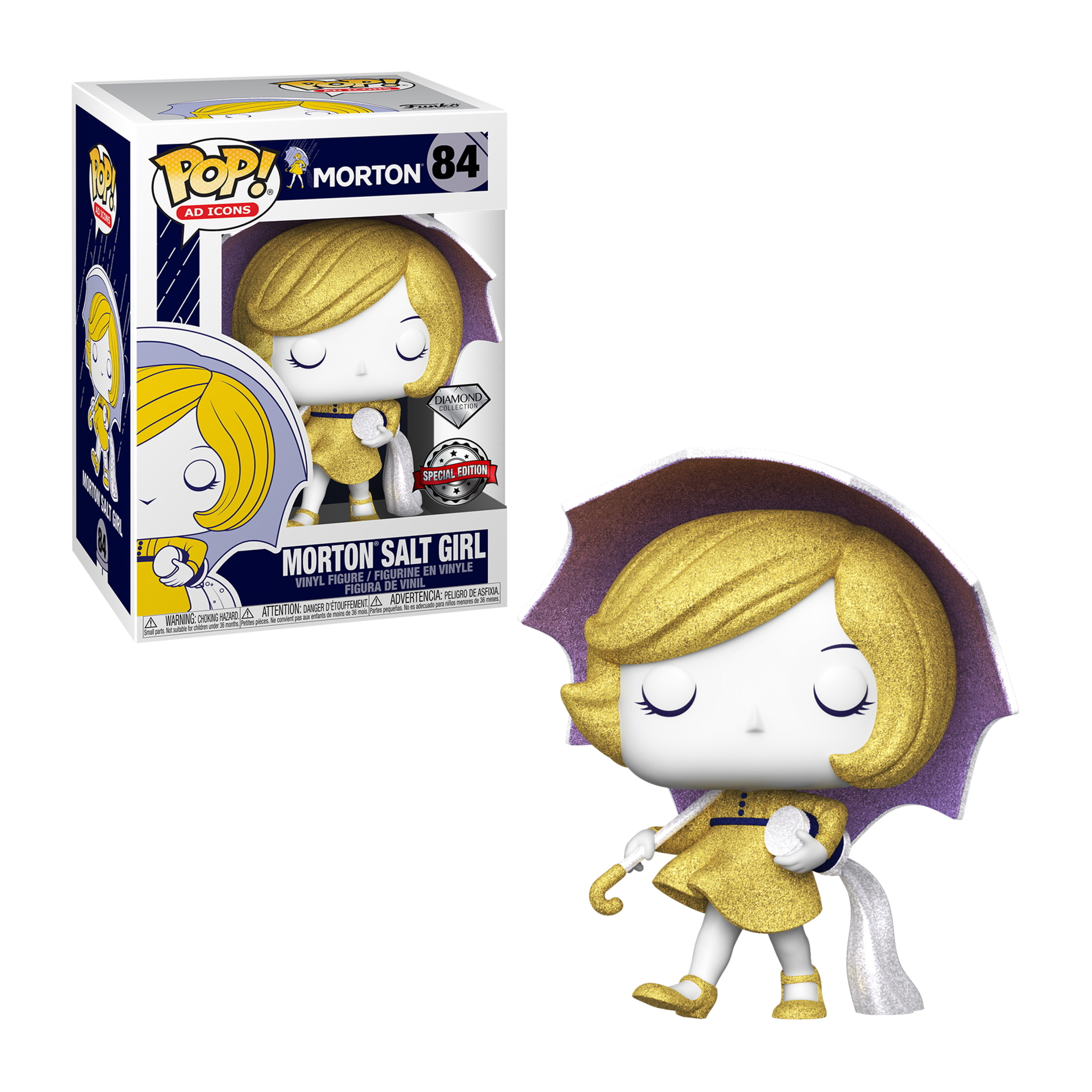 Eine goldfarbene Salt Girl Funko Pop-Figur, die einen Regenschirm hält, mit einer Box im Hintergrund.
