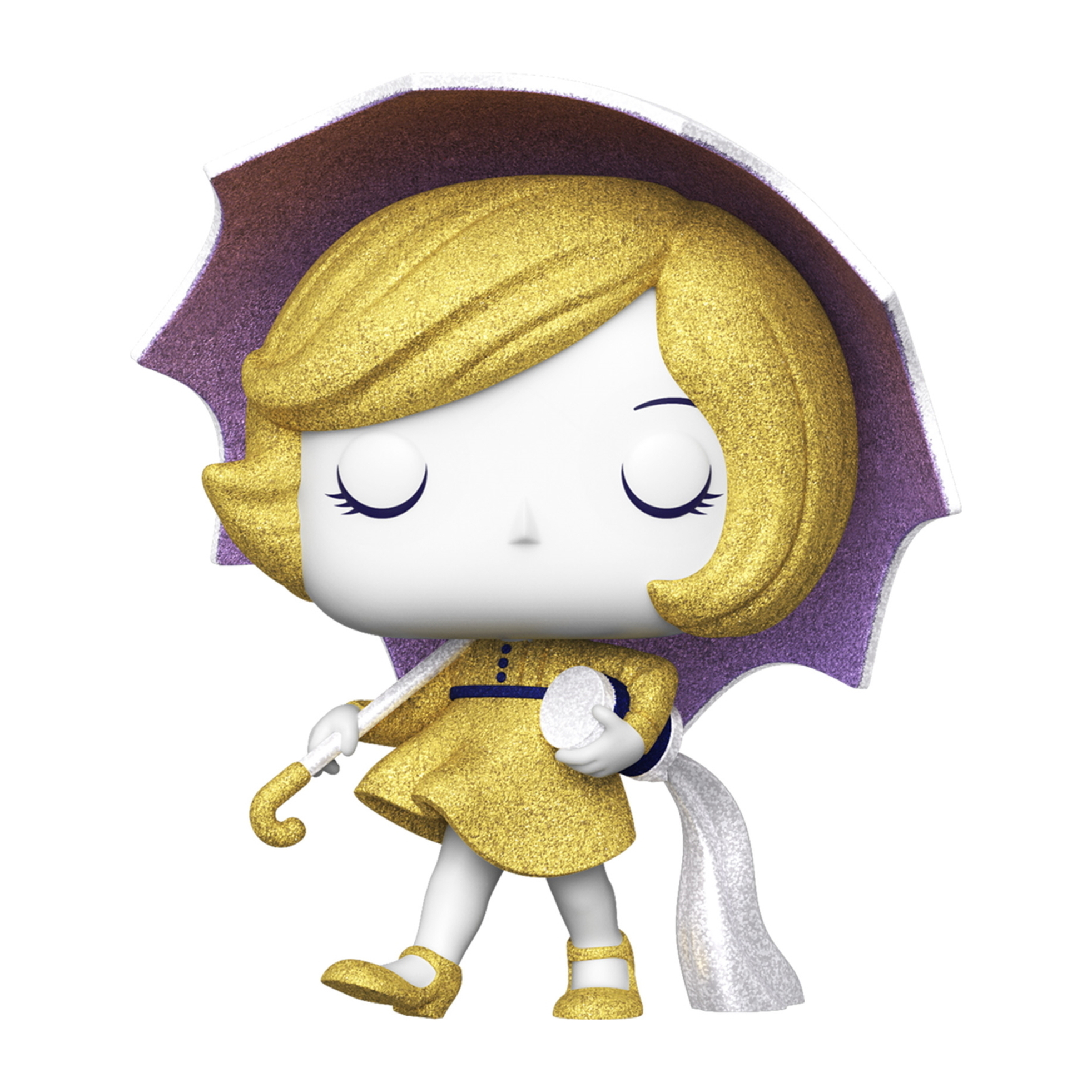 Funko Pop Figur einer Frau mit Regenschirm, in goldenem Kleid, vor weißem Hintergrund.