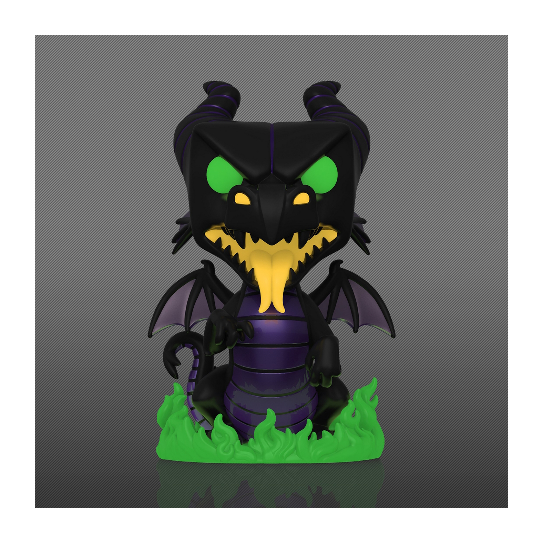Maleficent Drachen Funko Pop. Schwarzer Drache mit grünen Augen und lila Akzenten, auf grünen Flammen.