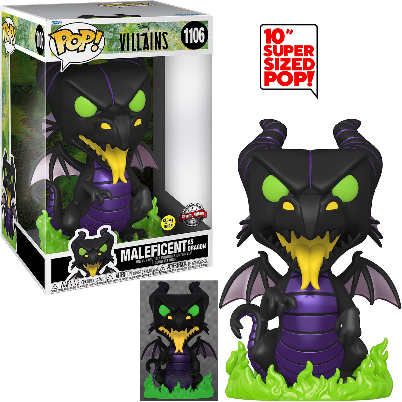 Maleficent als Drache Funko Pop-Figur, schwarzer Drache mit grünen Flammen, mit Box. Aus Dornröschen.
