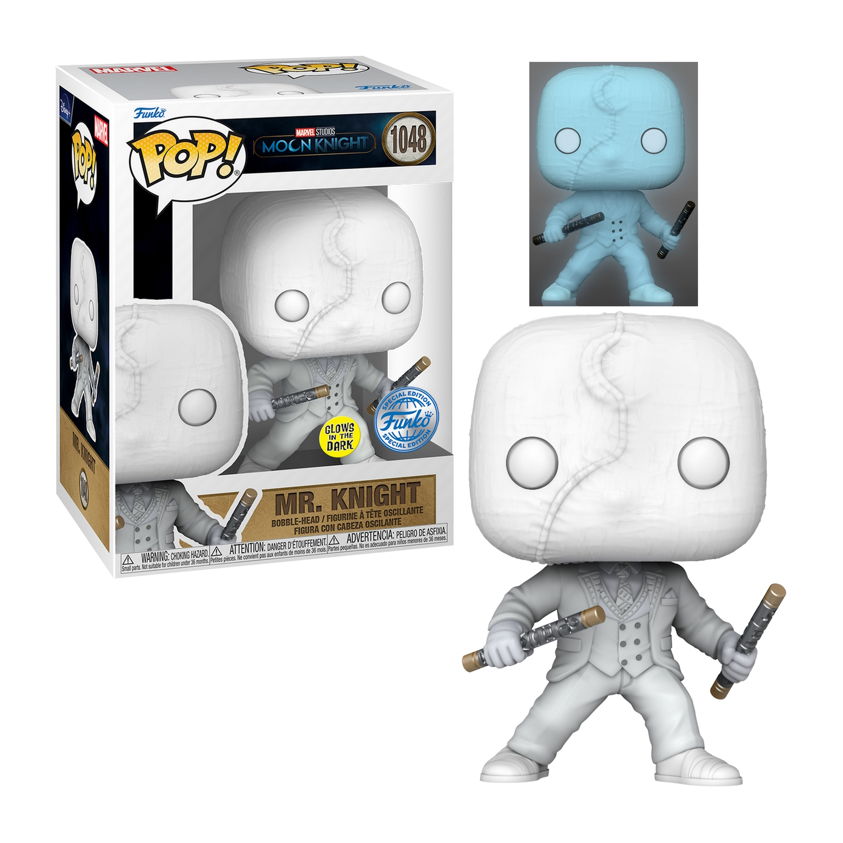 Mr. Knight Funko Pop Figur in einer Box. Die Figur trägt einen weißen Anzug und hält zwei Schlagstöcke. Leuchtet im Dunkeln.