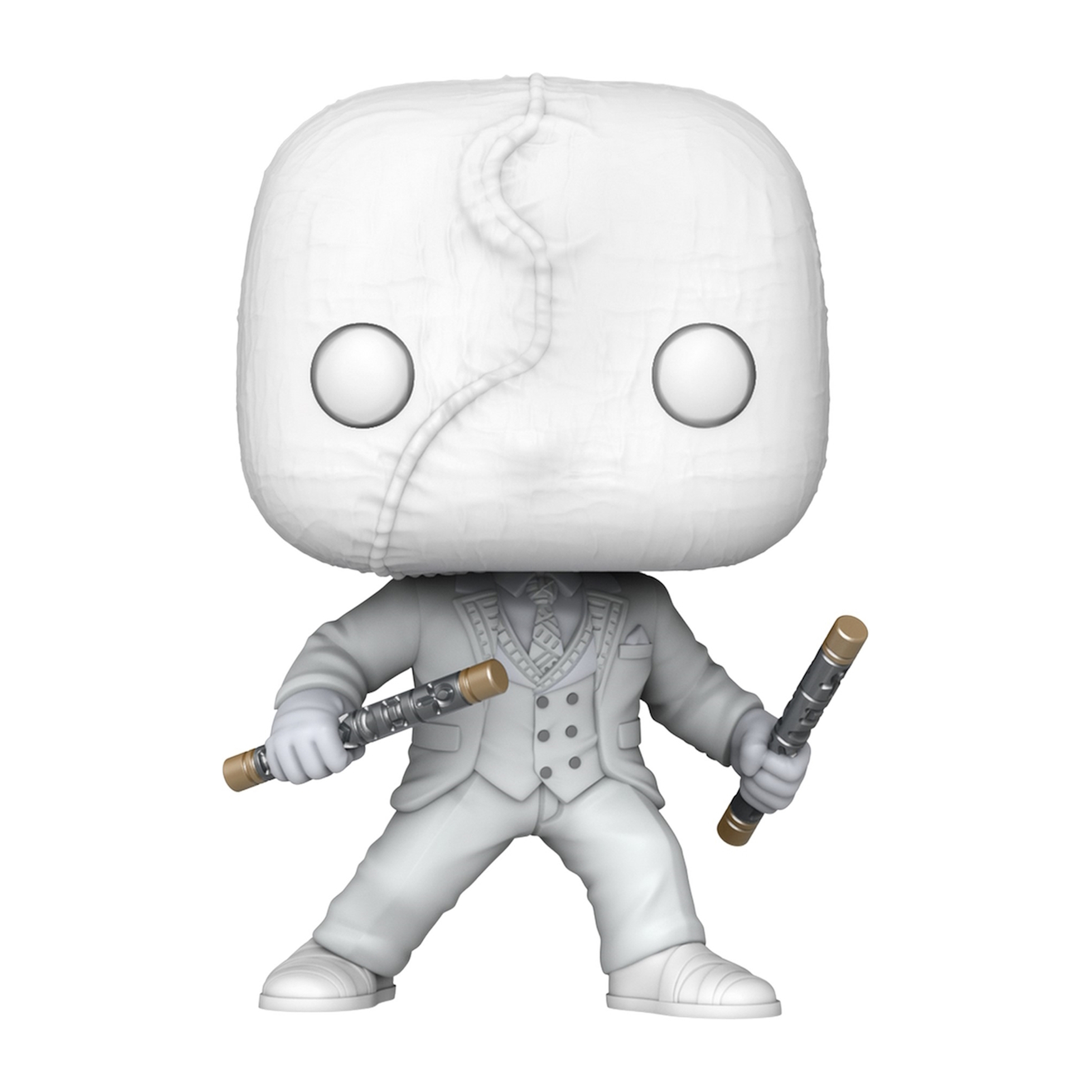 Moon Knight Funko Pop Figur. Weißer Anzug mit Maske und zwei Schlagstöcken.