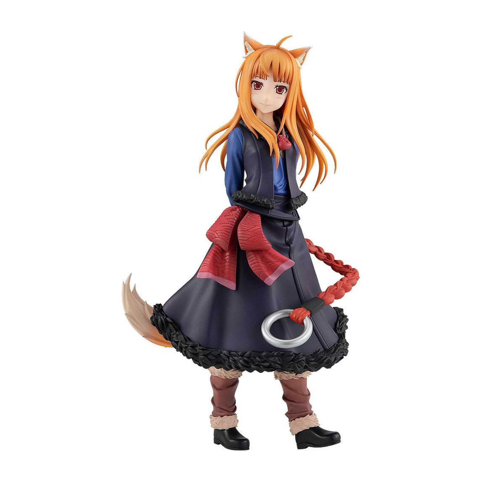 Anime-Charakter mit Fuchsohren und -schwanz. Sie trägt ein blaues Kleid und einen roten Schal.