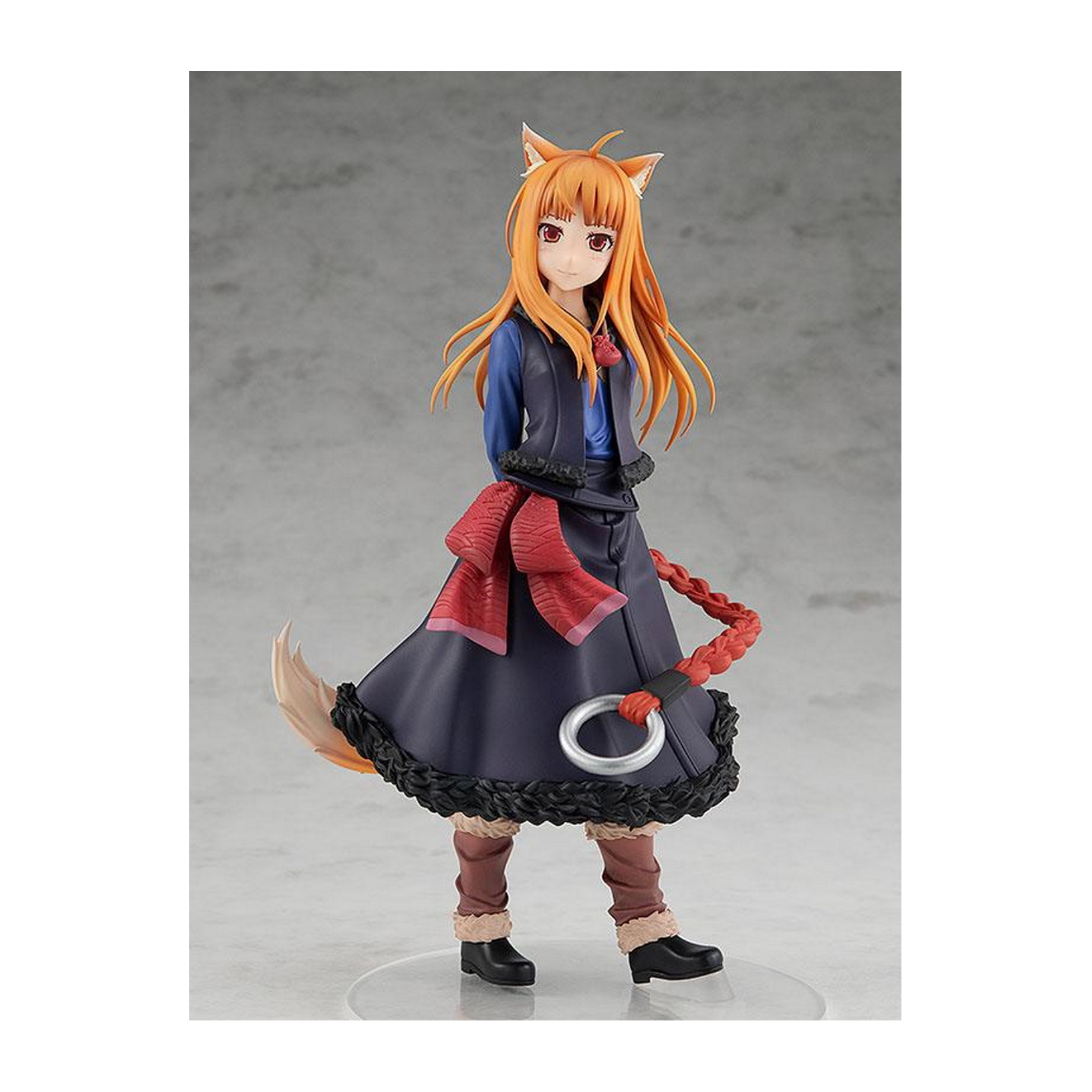 Anime Figur, ein Mädchen mit orangenem Haar und Wolfsohren, trägt ein dunkelblaues Outfit.
