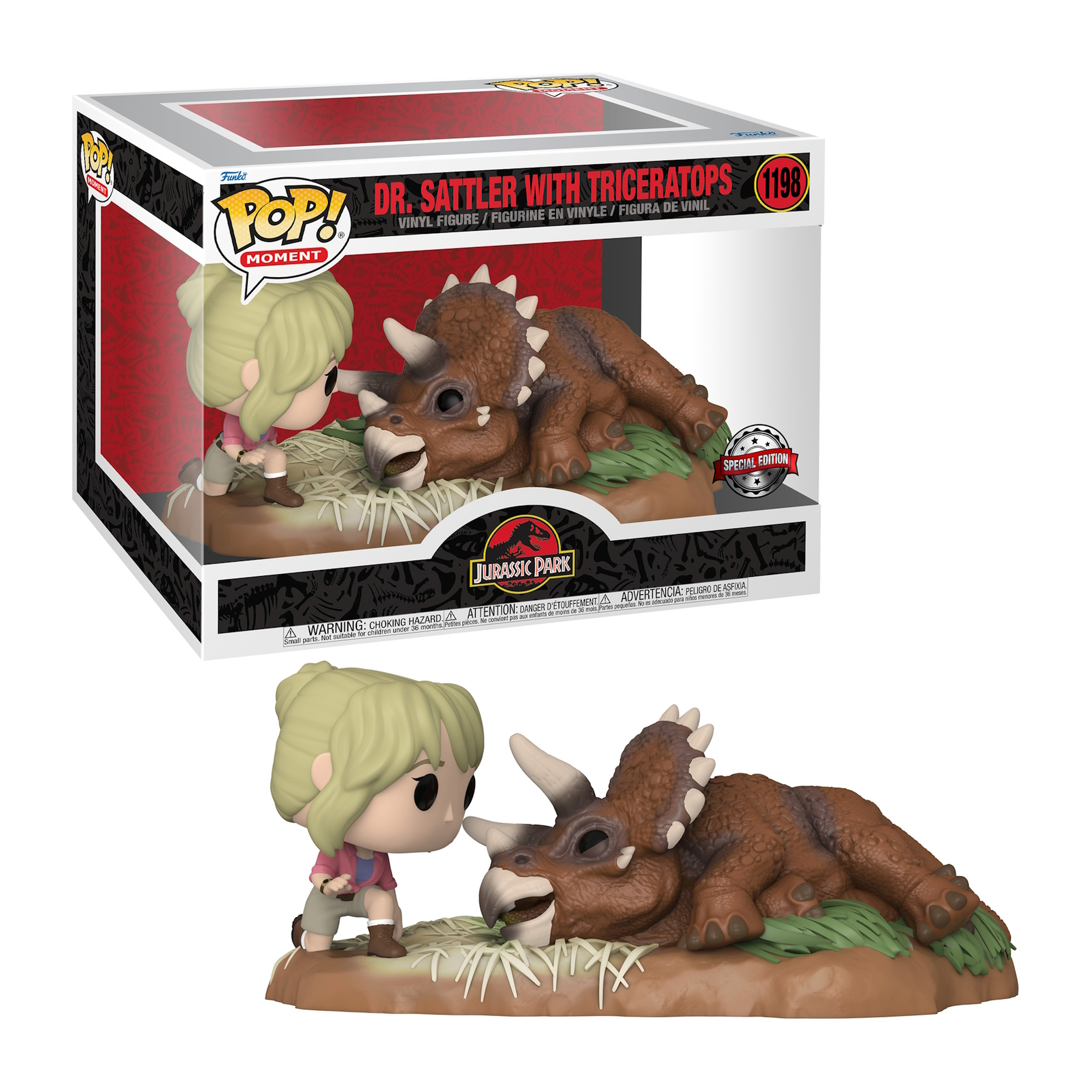 Dr. Sattler-Figur mit Triceratops. Die Szene spielt auf einer grasbewachsenen Oberfläche mit einer Jurassic Park-Box.