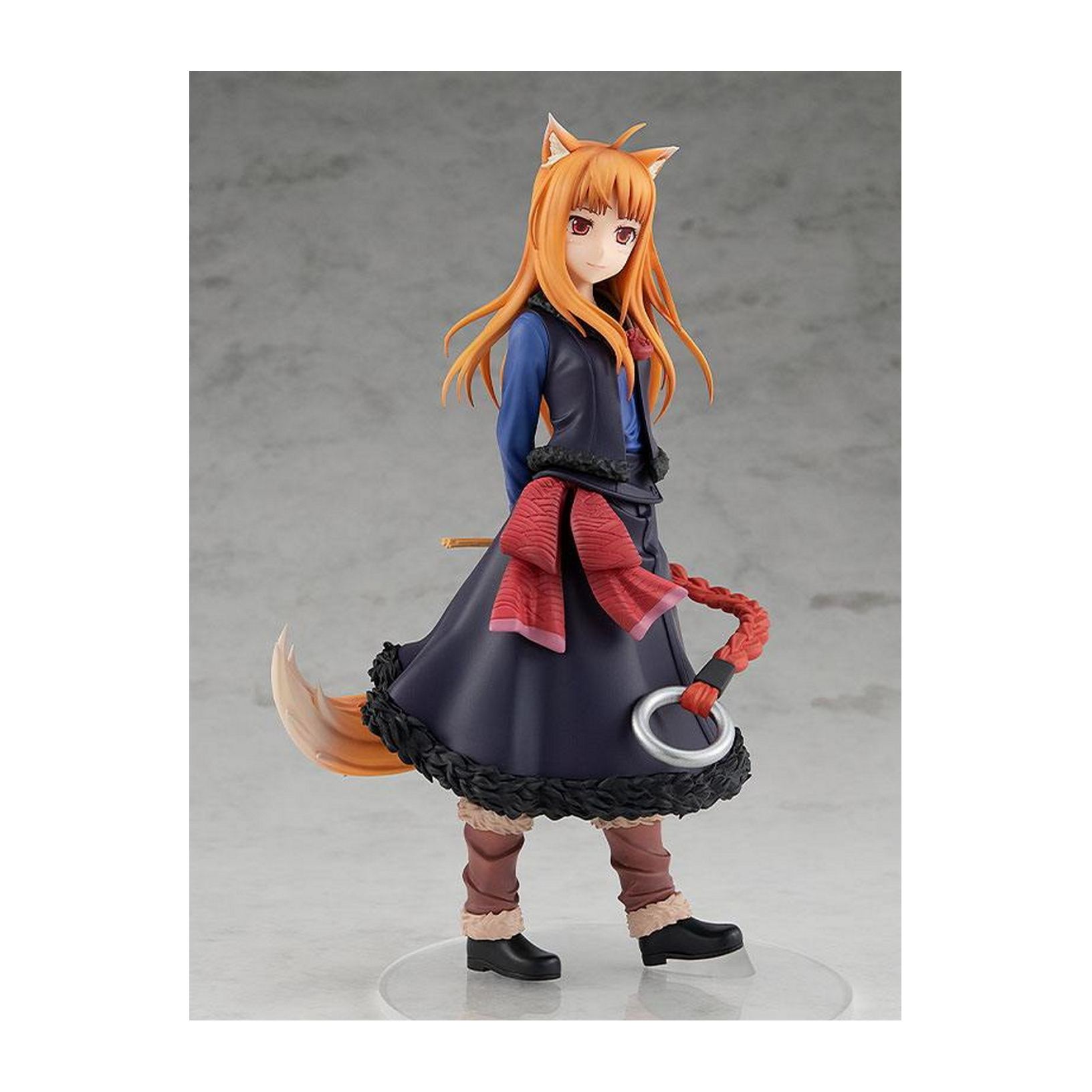 Anime-Figur einer Frau mit orangefarbenem Haar und Fuchsohren und -schwanz, die ein blaues und schwarzes Outfit trägt.