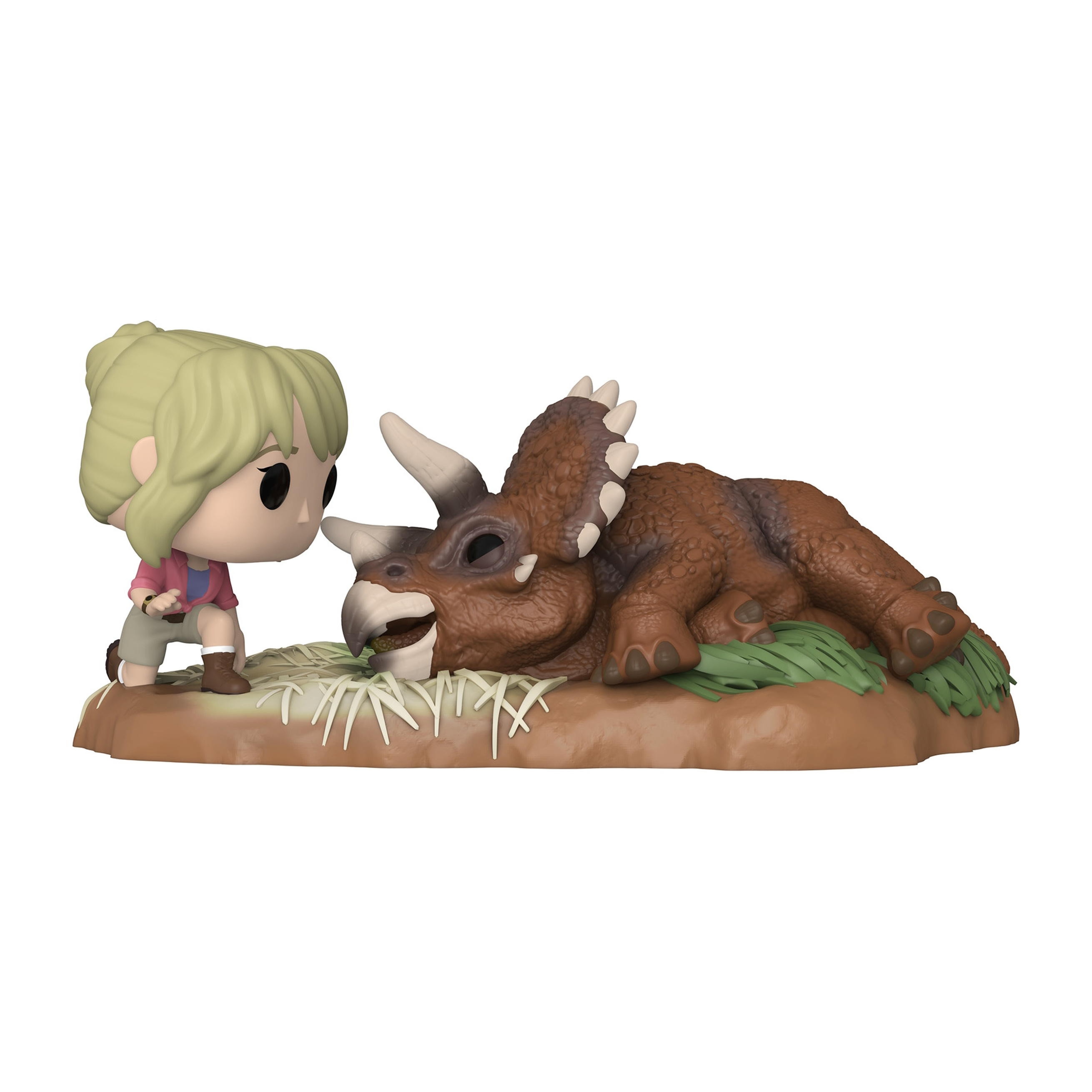Ein Mädchen mit einem Dinosaurier. Der Hintergrund ist weiß.