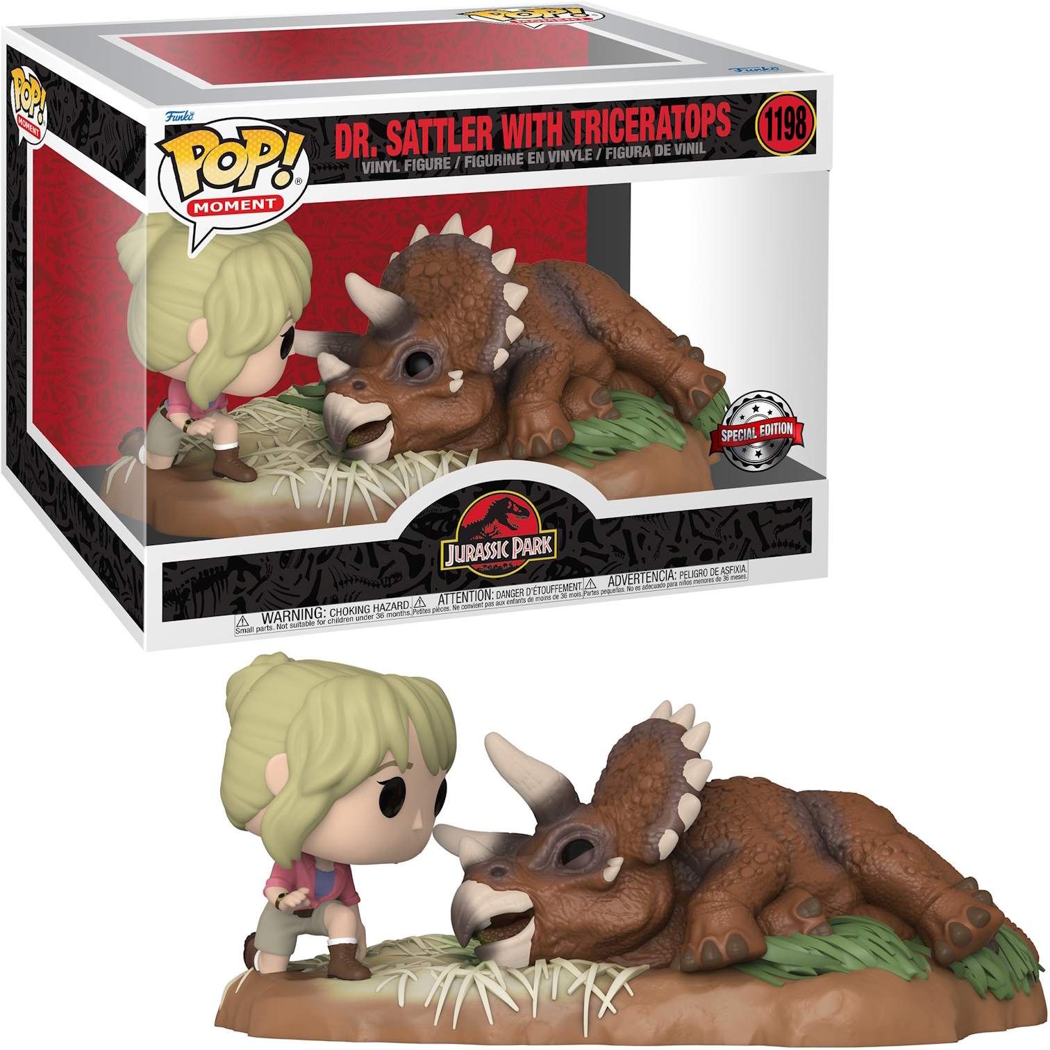 Funko Pop Figur von Dr. Sattler mit einem Triceratops. Figur in einer Jurassic Park-Szene.