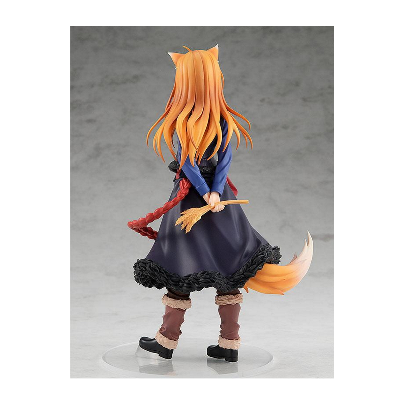 Anime-Figur einer Frau mit orangefarbenem Haar und Fuchsohren, in einem blauen Kleid, die Weizen hält.