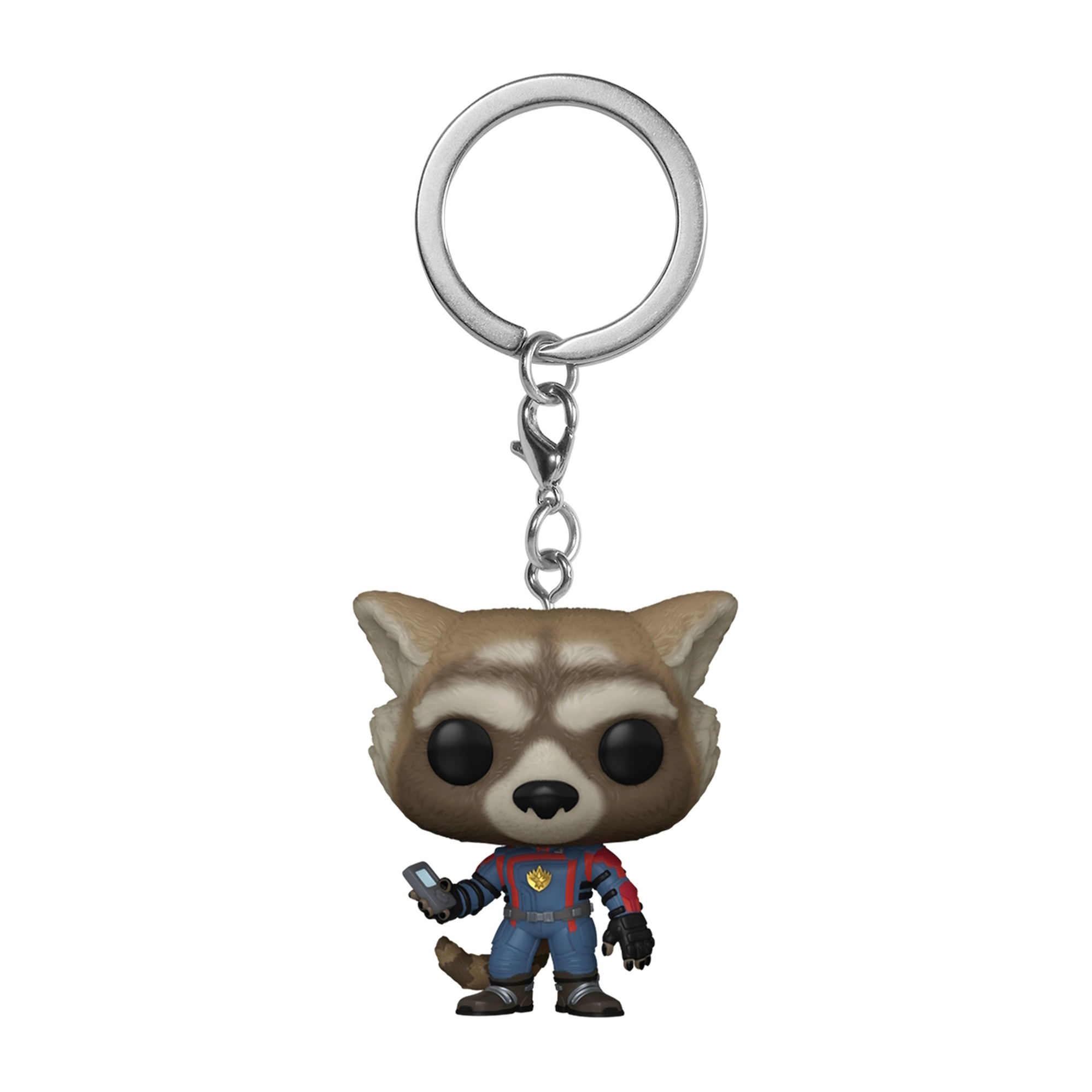 Rocket Raccoon Schlüsselanhänger-Figur, hält ein Telefon. Braunes und weißes Fell mit blauem und rotem Anzug.