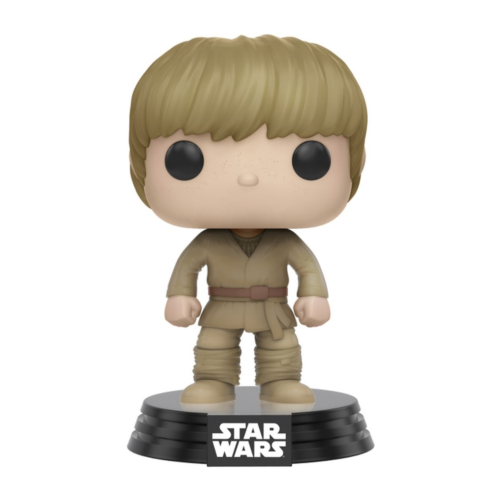 Luke Skywalker Funko Pop Figur in beigem Outfit. Steht auf schwarzem Sockel mit 'STAR WARS'.