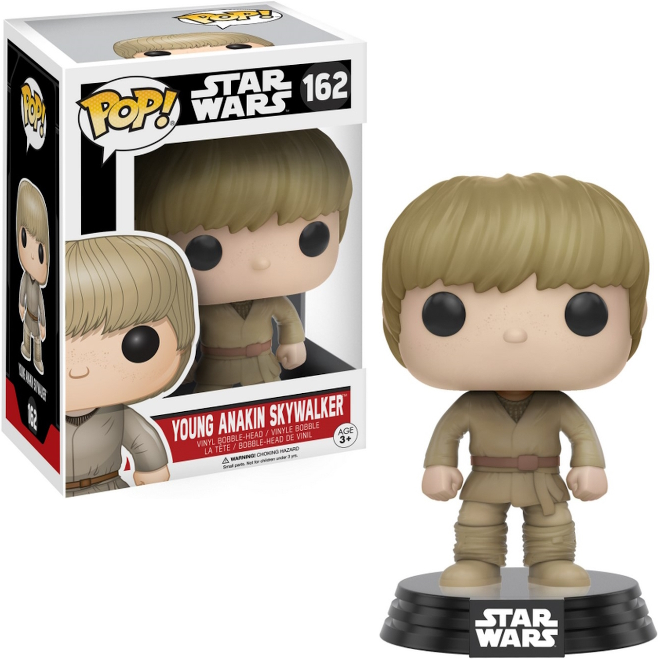 Junger Anakin Skywalker Funko Pop Figur und Box. Figur in braunen Roben, auf schwarzem Ständer.