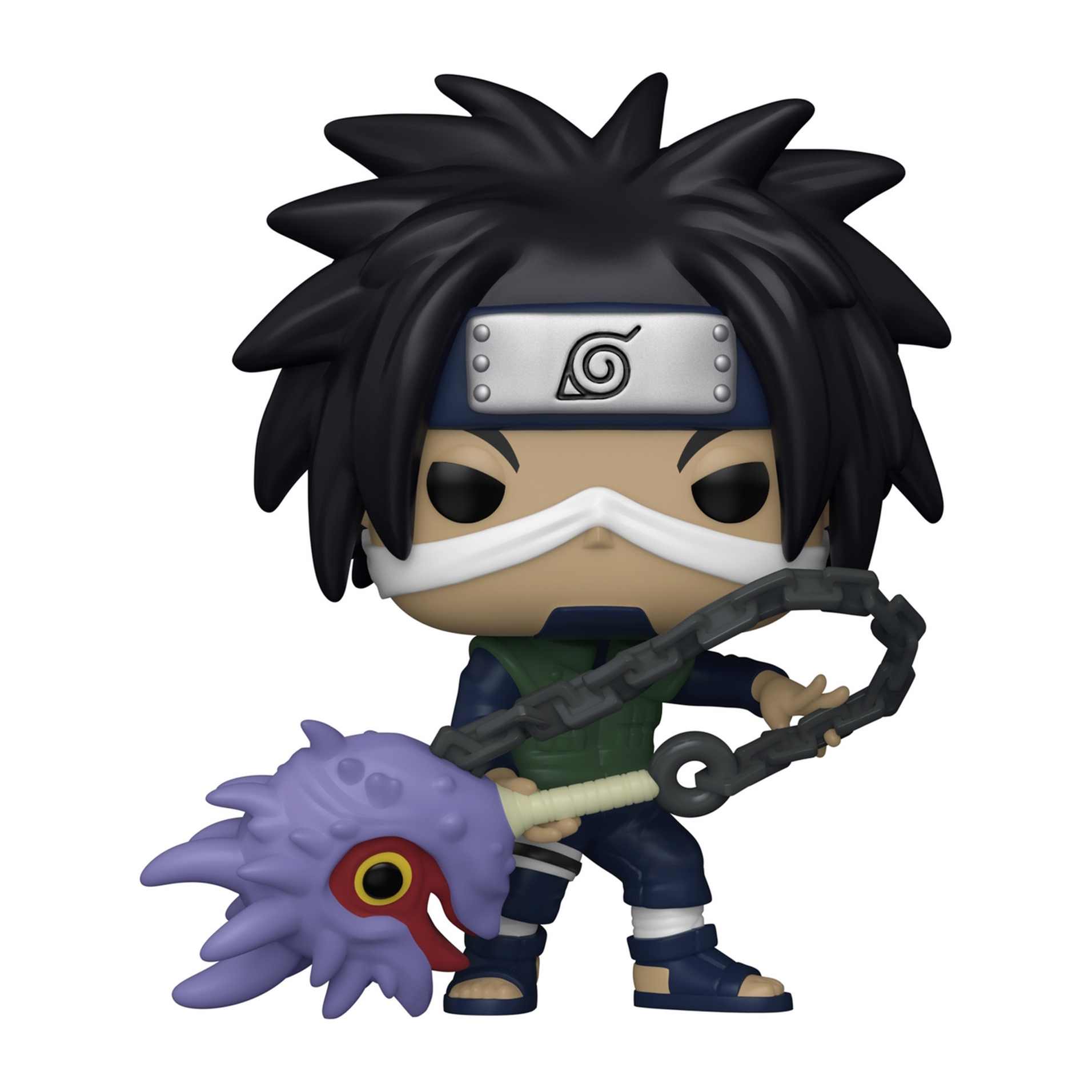Una statuetta Funko Pop di un personaggio di Naruto con capelli neri a punta, che tiene un'arma simile a una mazza.
