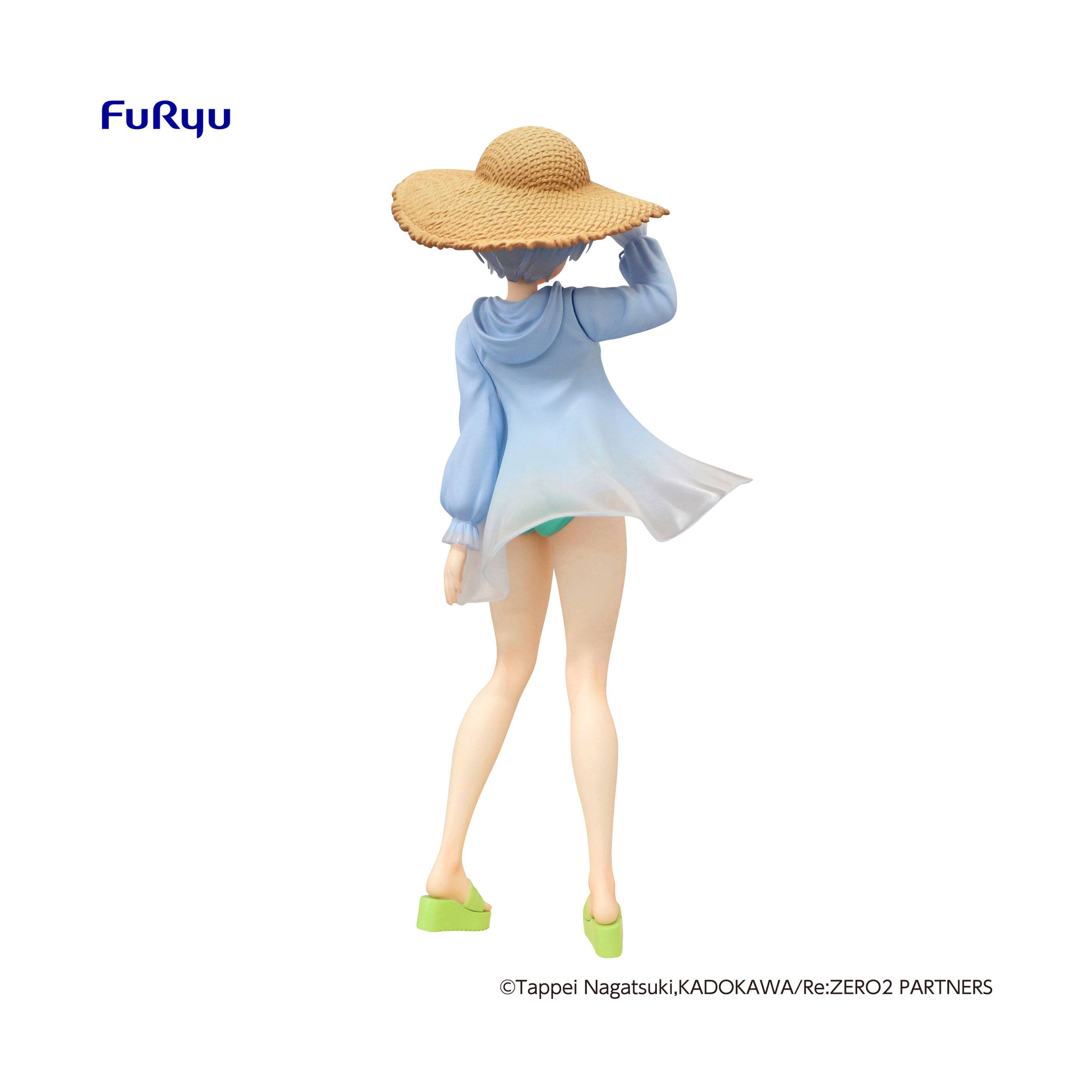 Anime-Figur einer Frau mit Strohhut und hellblauer Strandmode, Rückansicht.