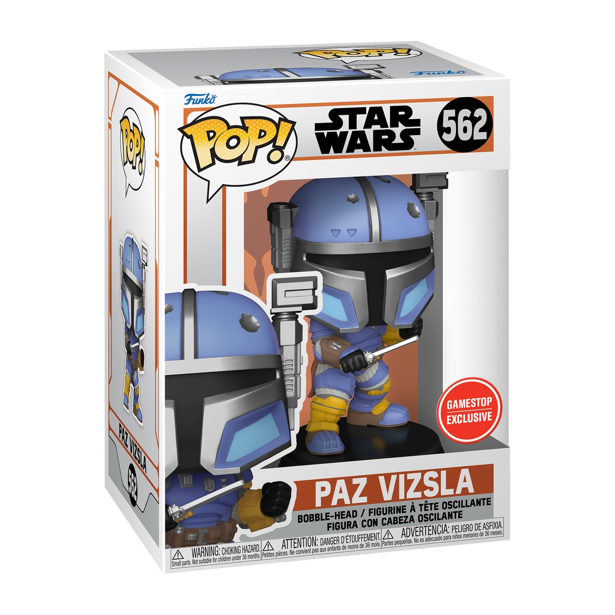 Paz Vizsla Funko Pop Figur in einer Box. Die Figur ist blau und silber, eine Gamestop-Exklusivausgabe.
