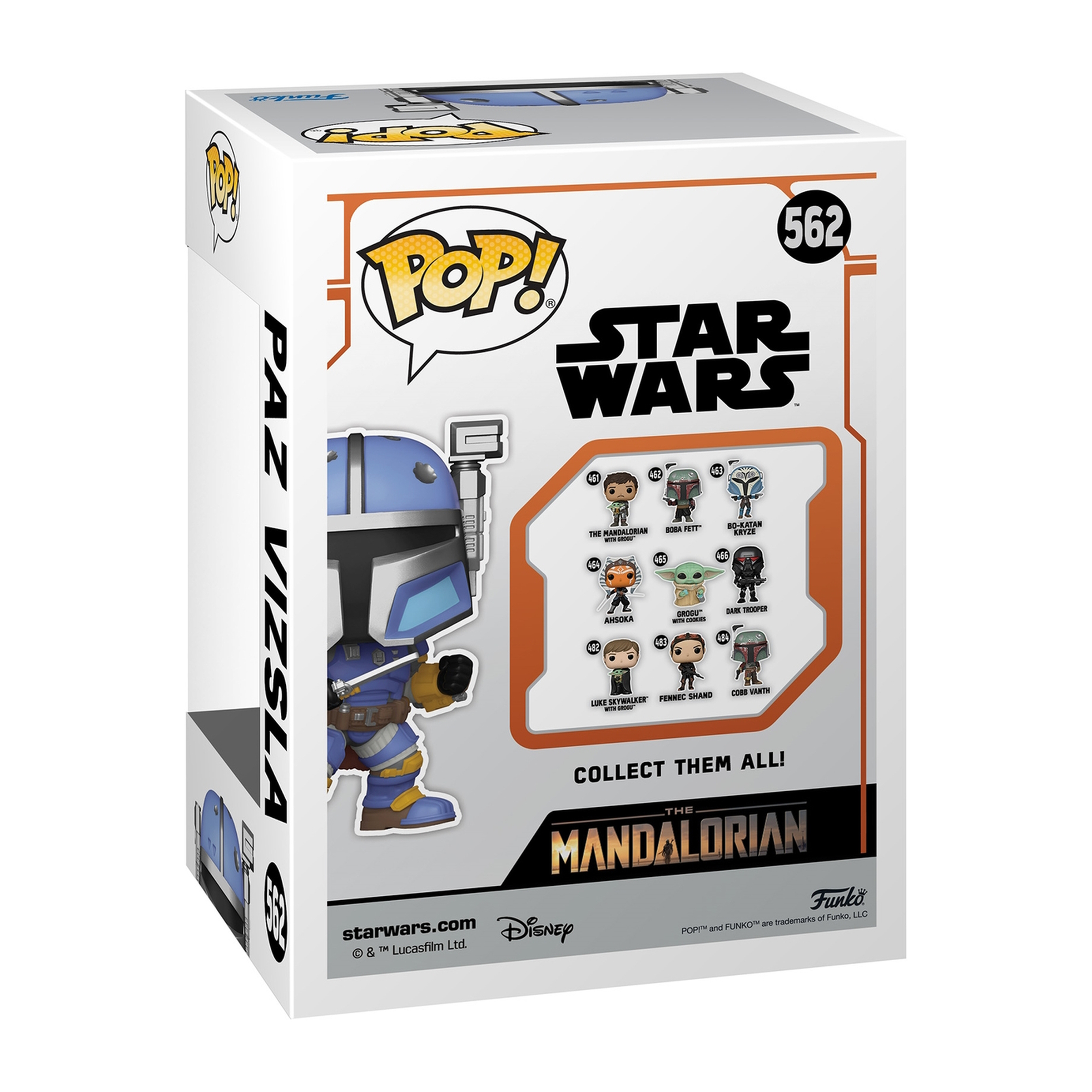 Boxed Funko Pop von Paz Vizsla, Star Wars-Charakter. Die Figur trägt blaue und silberne Rüstung mit Blaster. Die Box zeigt andere Charaktere.