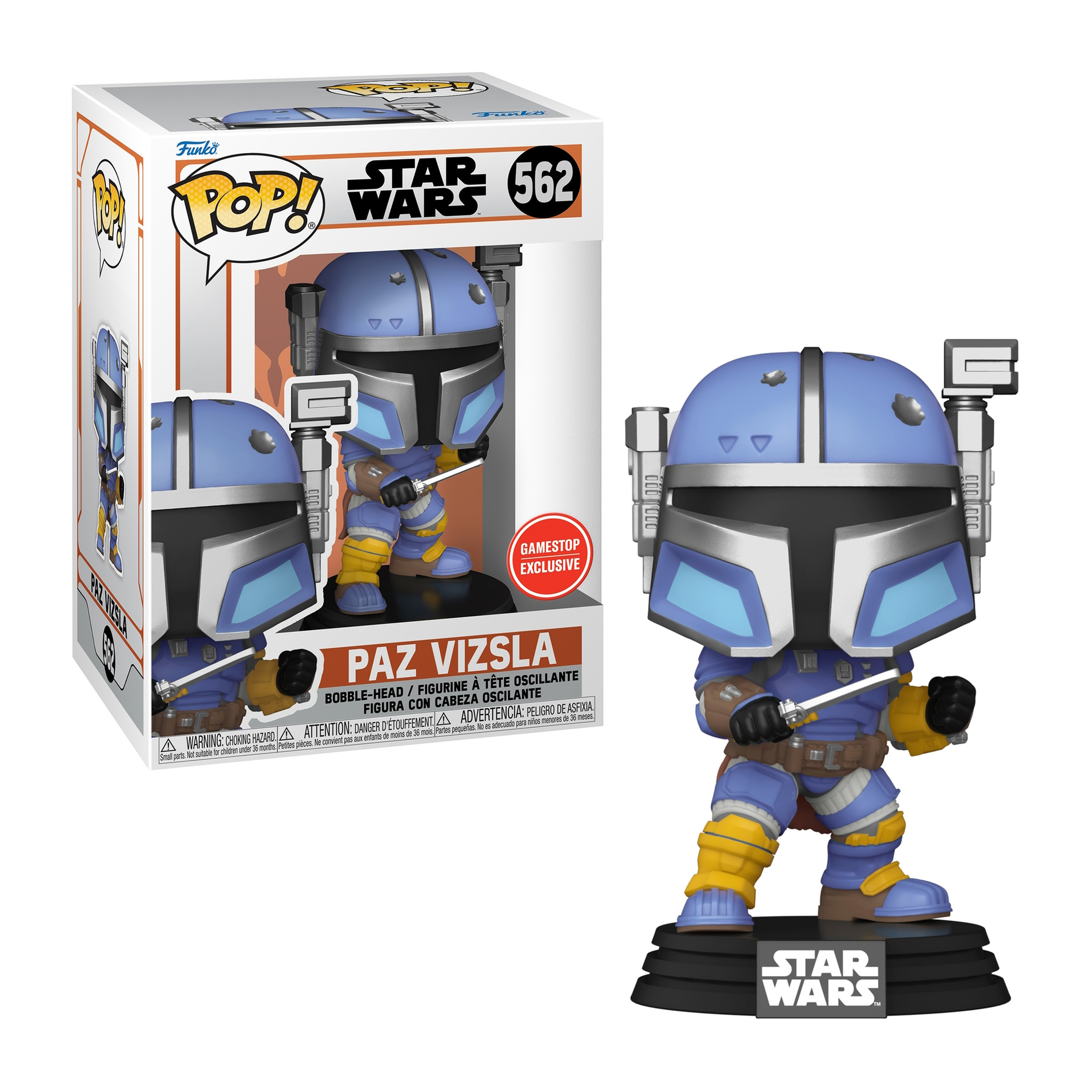 Blaue Mandalorianer-Figur mit Waffe. Die Box zeigt eine ähnliche Figur. Die Figur ist Paz Vizsla aus Star Wars.