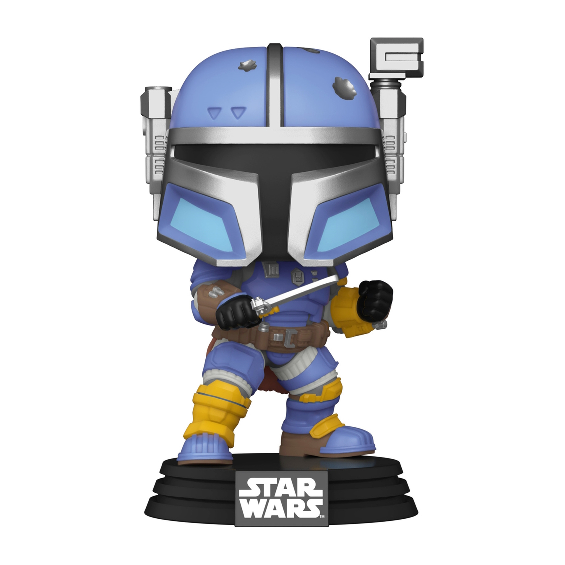 Funko Pop Figur eines Mandalorianers in blauer und silberner Rüstung, hält ein Schwert. Schwarze Basis. Star Wars Logo.