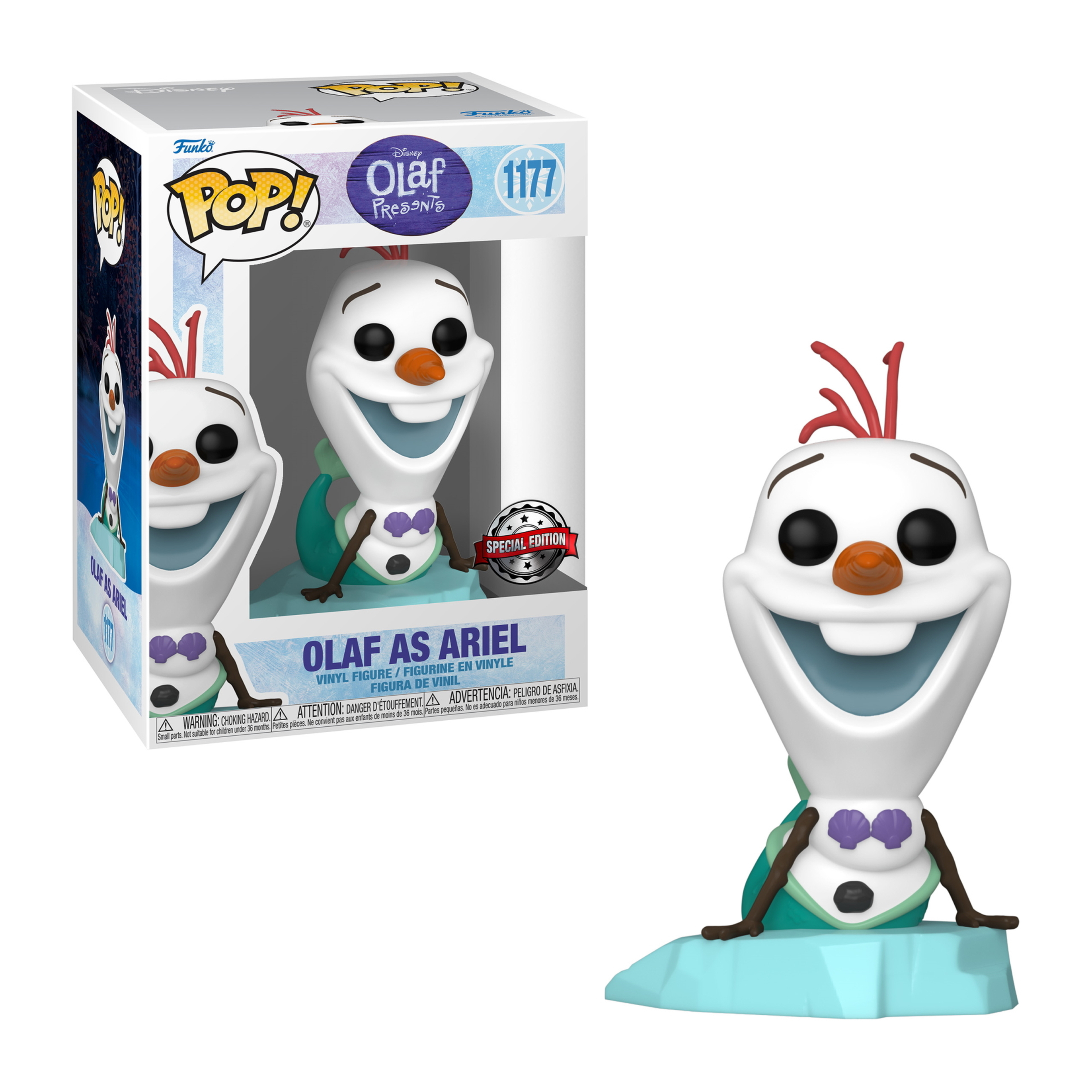 Olaf als Arielle Figur. Weißer Körper, grüner Schwanz, rotes Haar. Box zeigt Olaf. Blaue Eisbergbasis.
