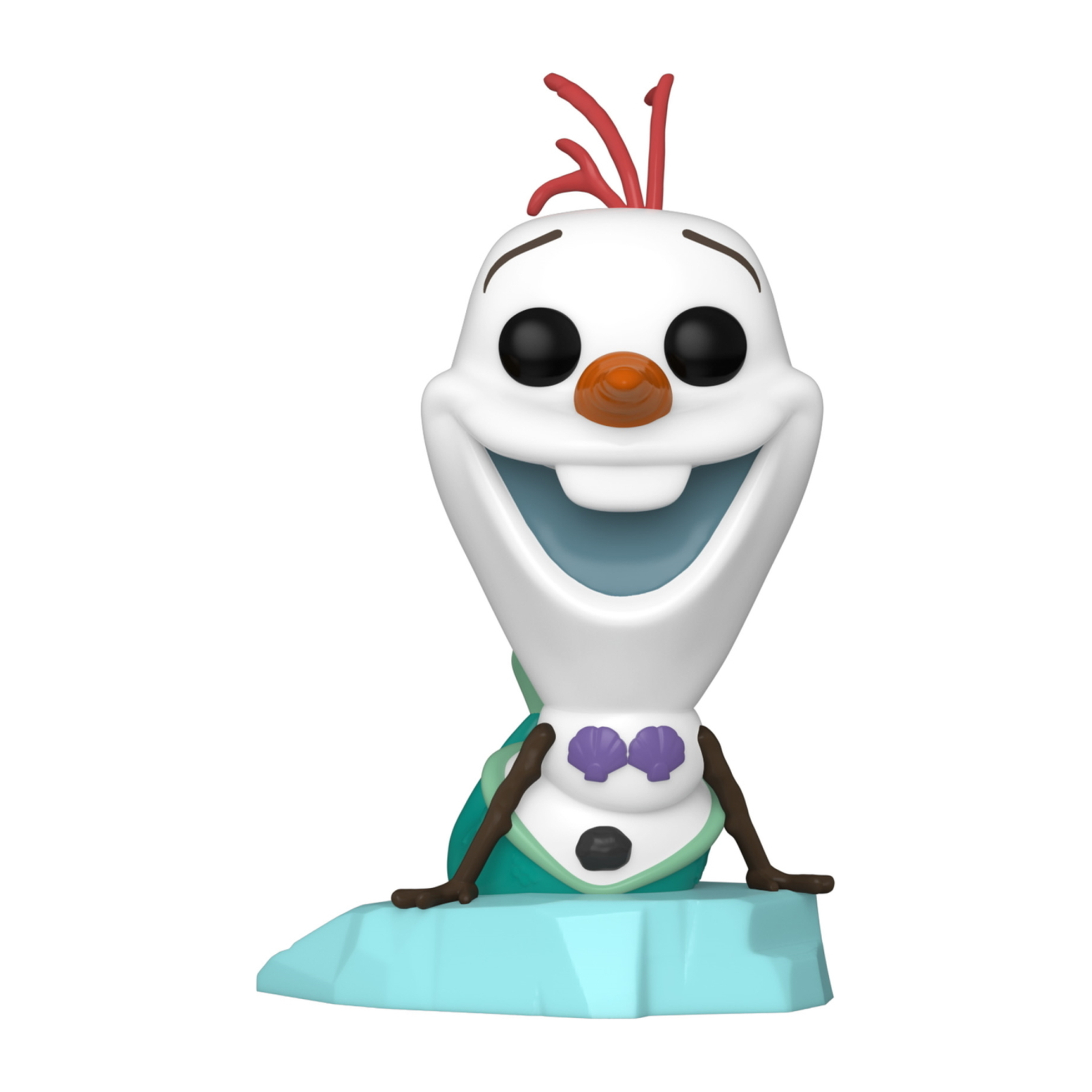 Olaf aus Frozen, auf einer Eisbasis. Er hält seine Meerjungfrauen-Schwanzflosse.