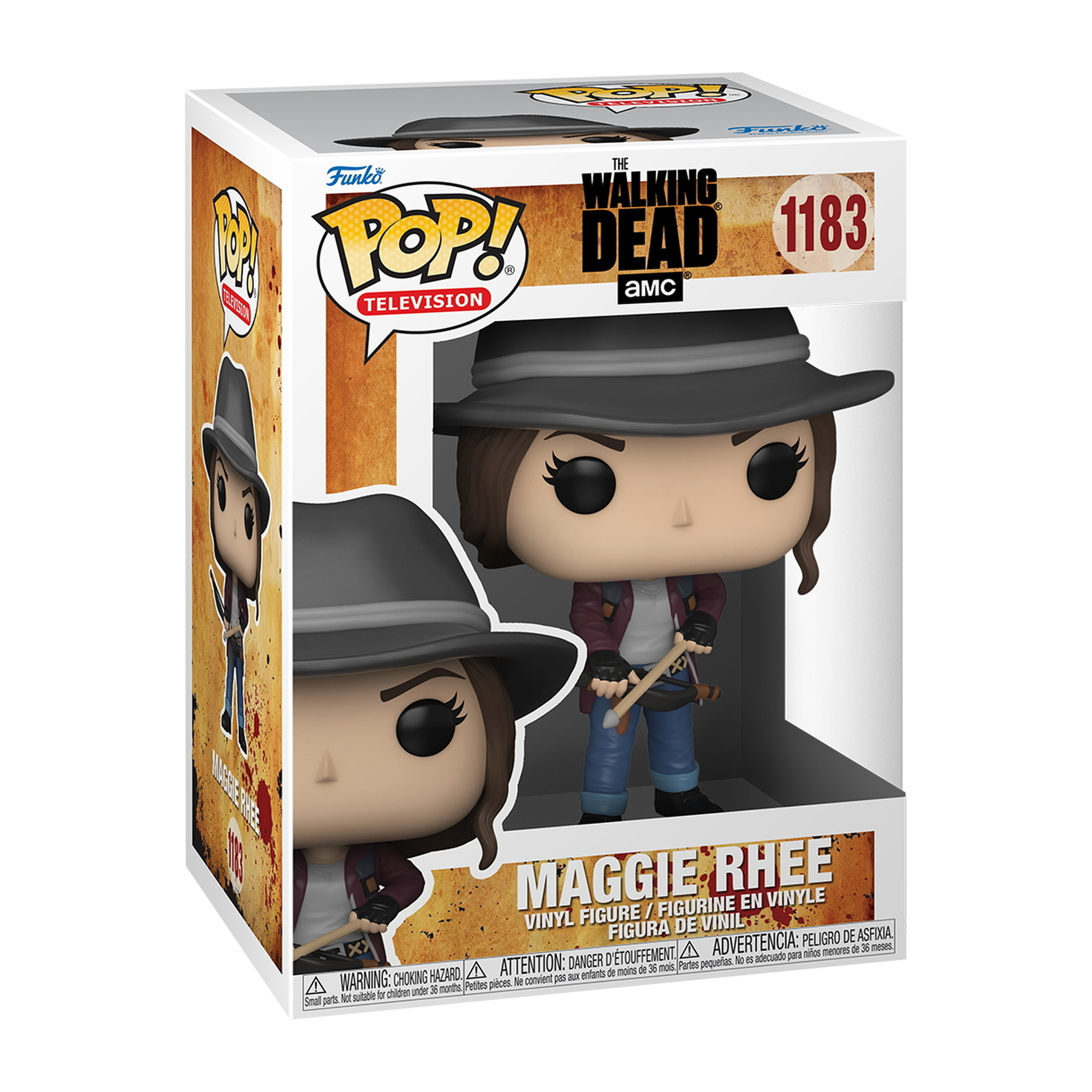 Eine Funko Pop-Box mit Maggie Rhee aus The Walking Dead, mit einer Figur, die Gegenstände hält und einen Hut trägt.