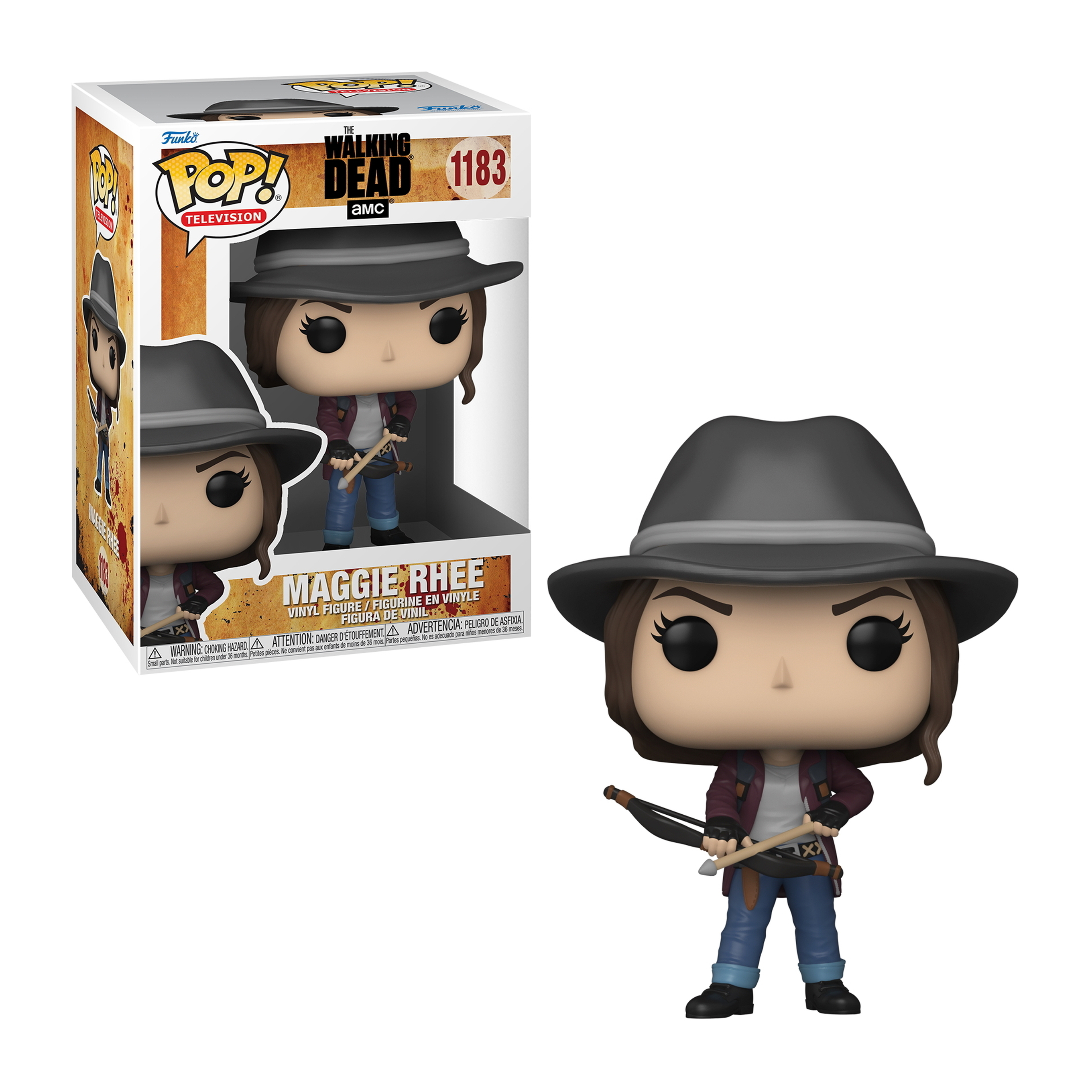 Maggie Rhee Funko Pop Figur mit Hut, hält eine Waffe. Die Box ist sichtbar.