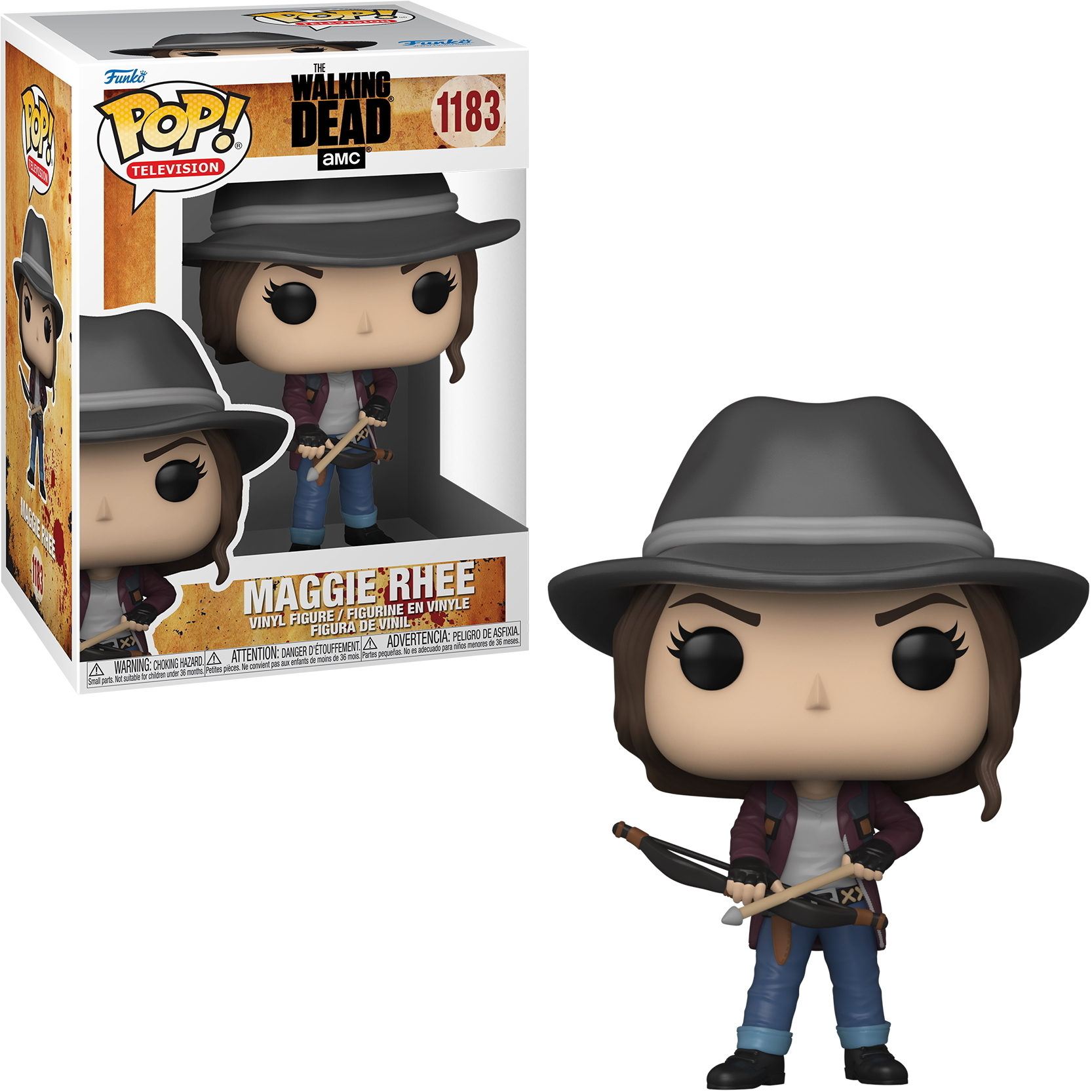 Maggie Rhee Funko Pop. Figur mit Hut und Armbrust, steht in einer Box mit ihrem Bild.
