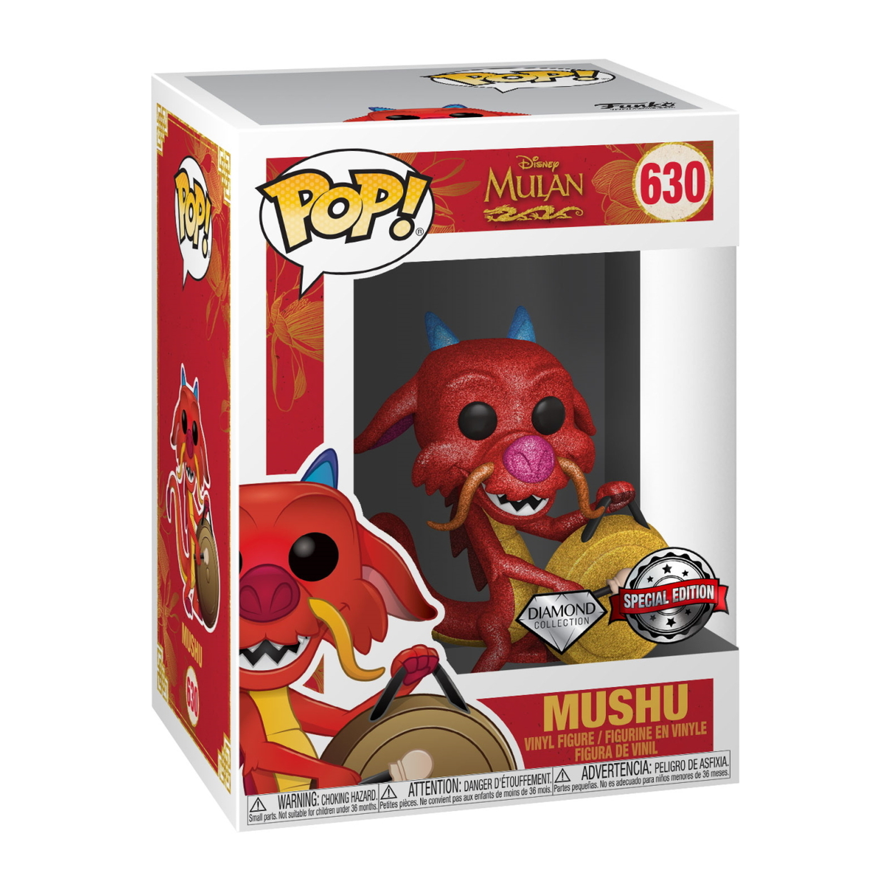 Funko Pop! Figur von Mushu in einer Box. Roter Drache mit blauen Hörnern, hält ein goldenes Gong.