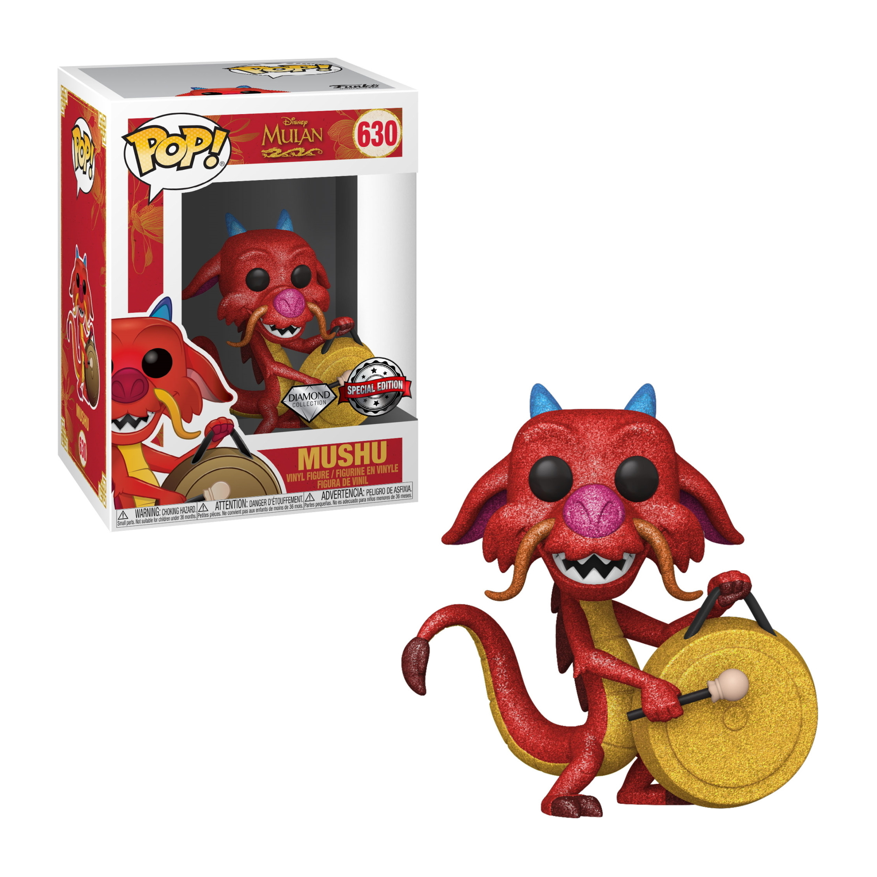 Mushu Drachenfigur aus Mulan mit Box, Funko Pop Stil.