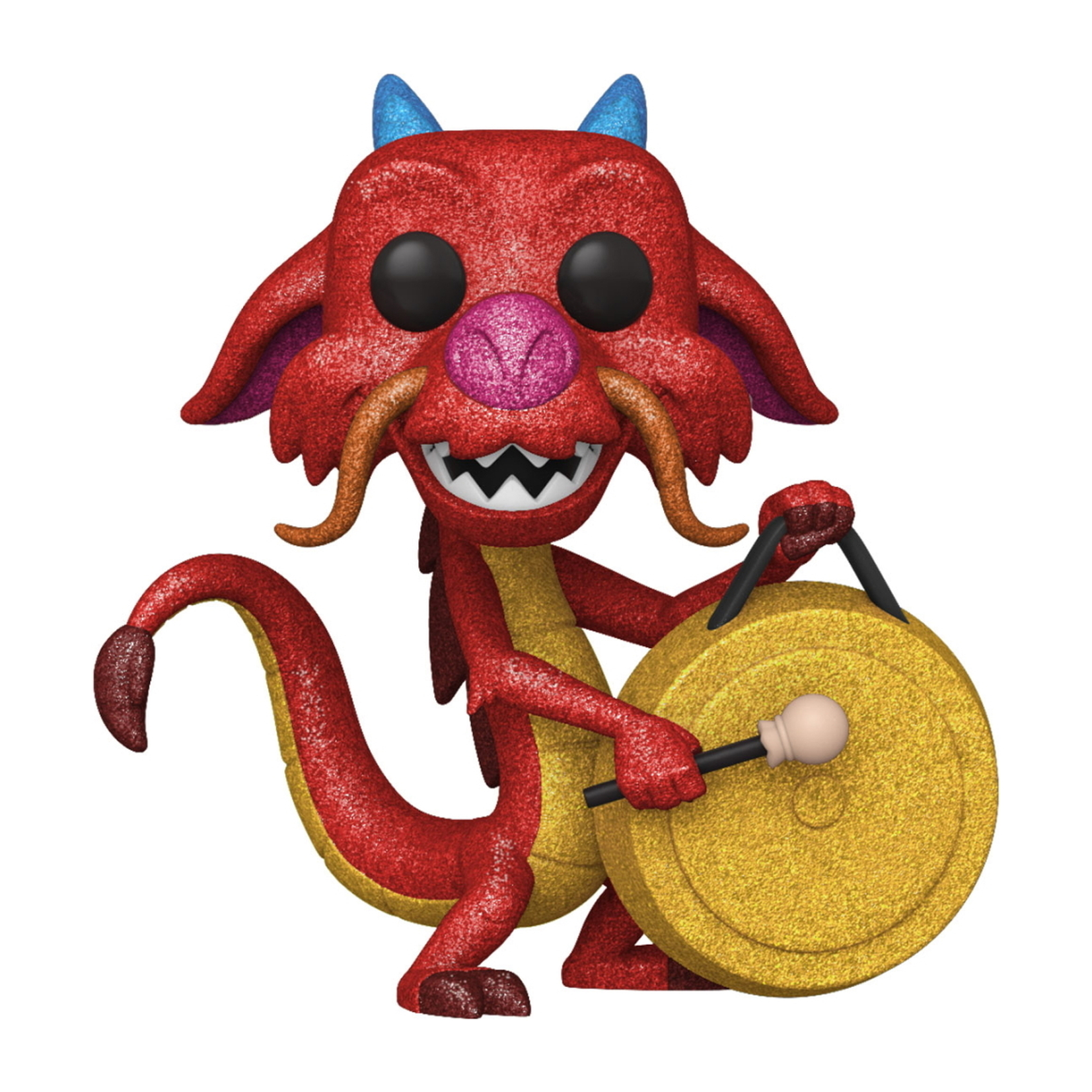 Mushu aus Mulan Funko Pop-Figur. Roter Drache mit einem Gong.