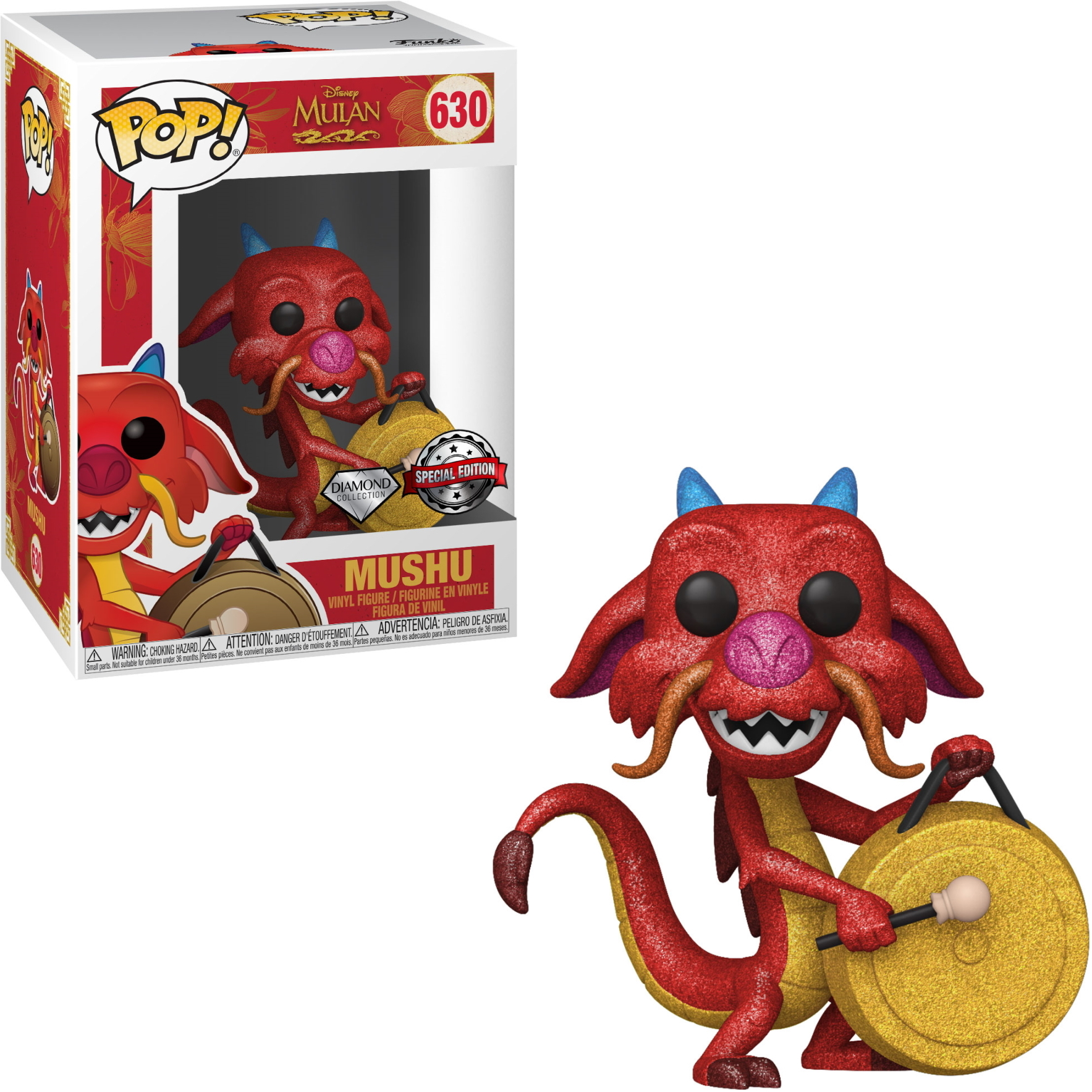 Mushu Funko Pop Figur mit Gong und Schlägel, mit Verpackung. Rote Figur mit goldenem Gong.