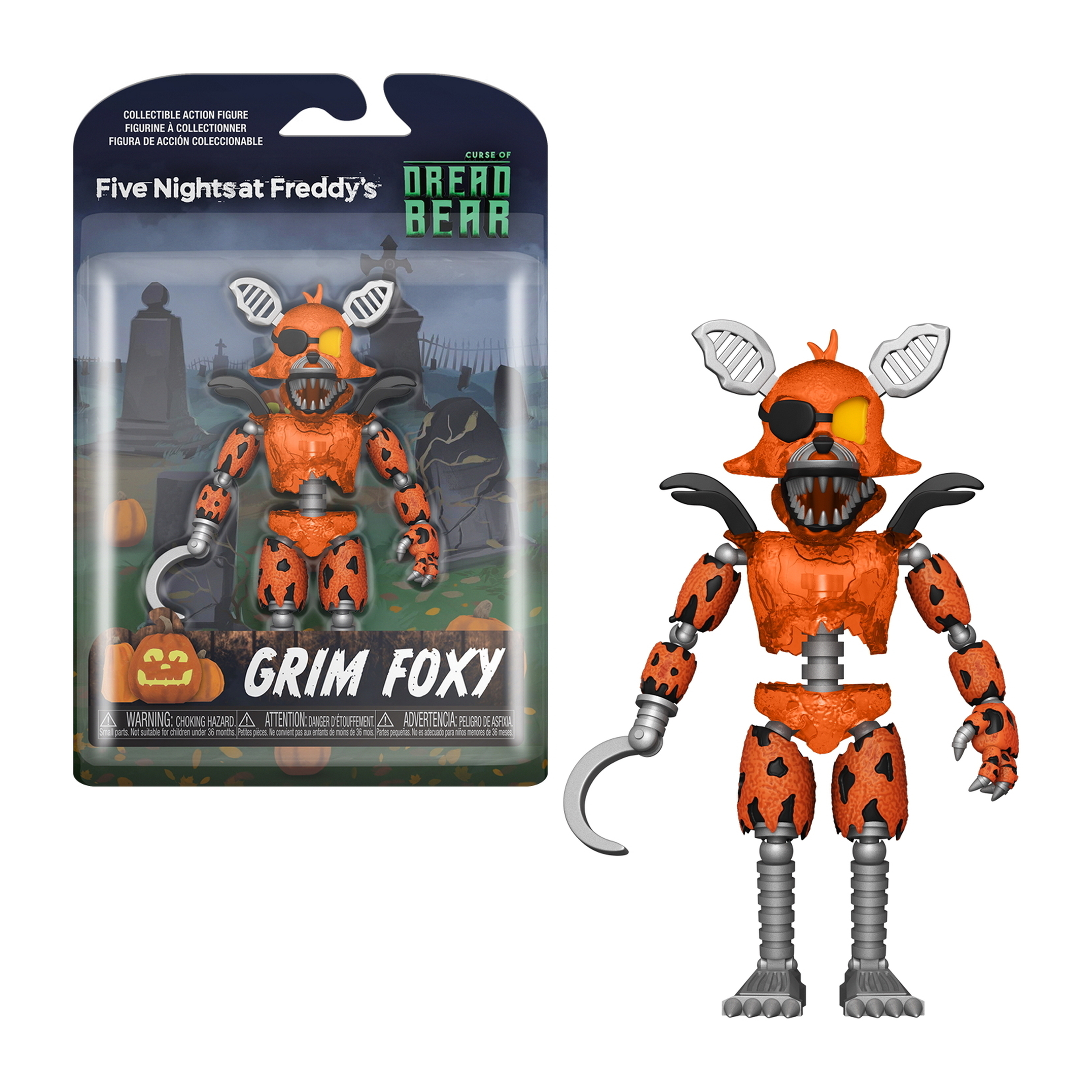 Grim Foxy Figur, orange, mit Haken und zerrissenem Körper. Verpackt in Klarsicht, Friedhofshintergrund.