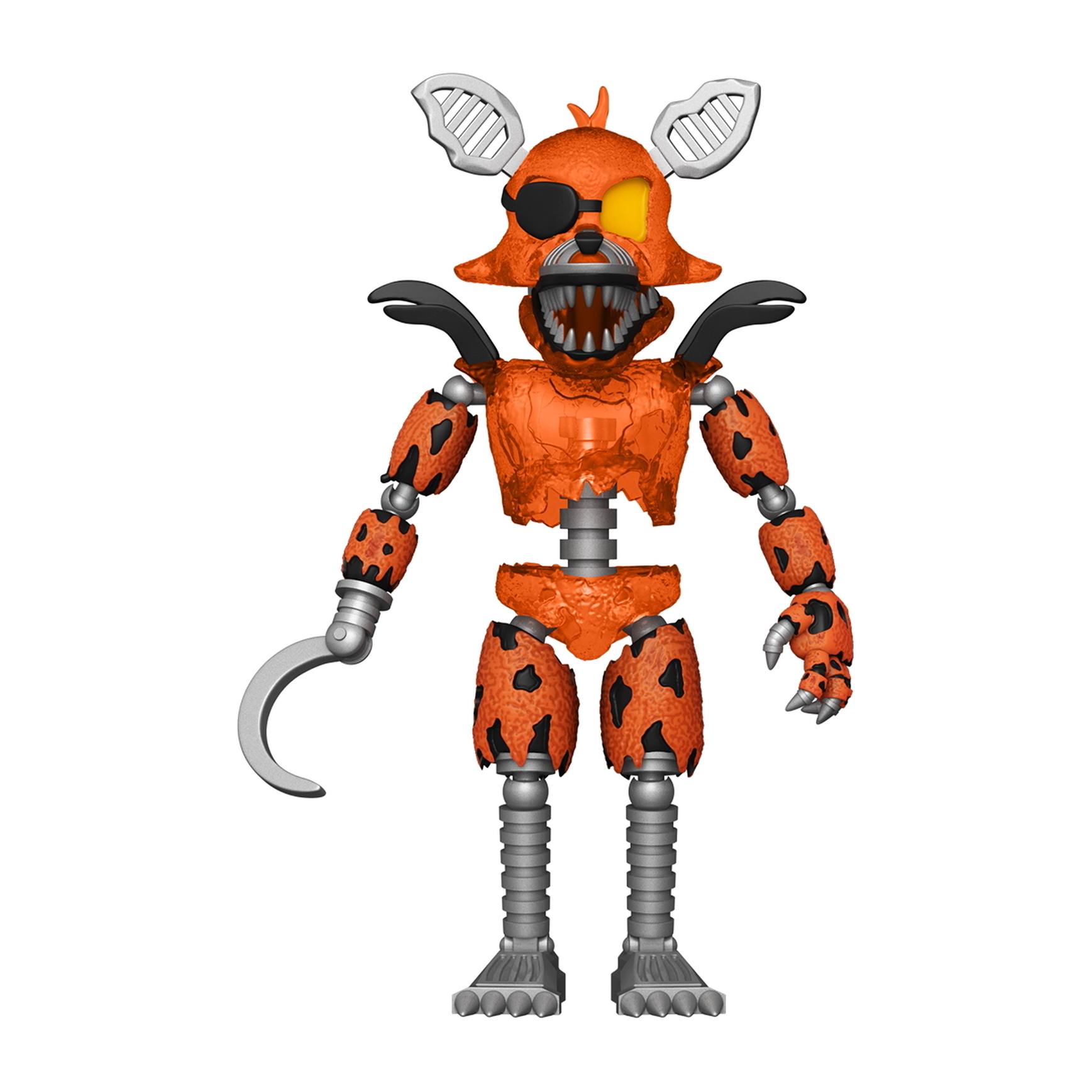 Foxy der Pirat aus Five Nights at Freddy's. Es ist ein orangefarbener animatronischer Fuchs, mit sichtbaren Schäden und Haken.