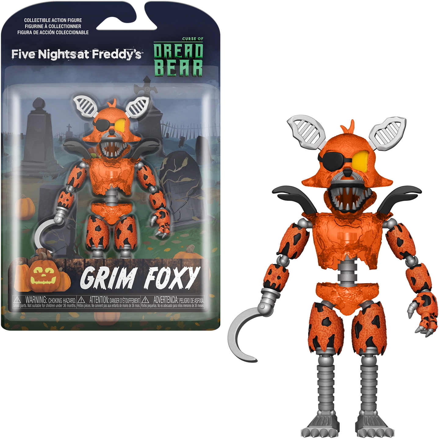 Grim Foxy Figur mit Box. Die Figur ist ein orangefarbener, roboterhafter Fuchs mit Haken und Augenklappe.