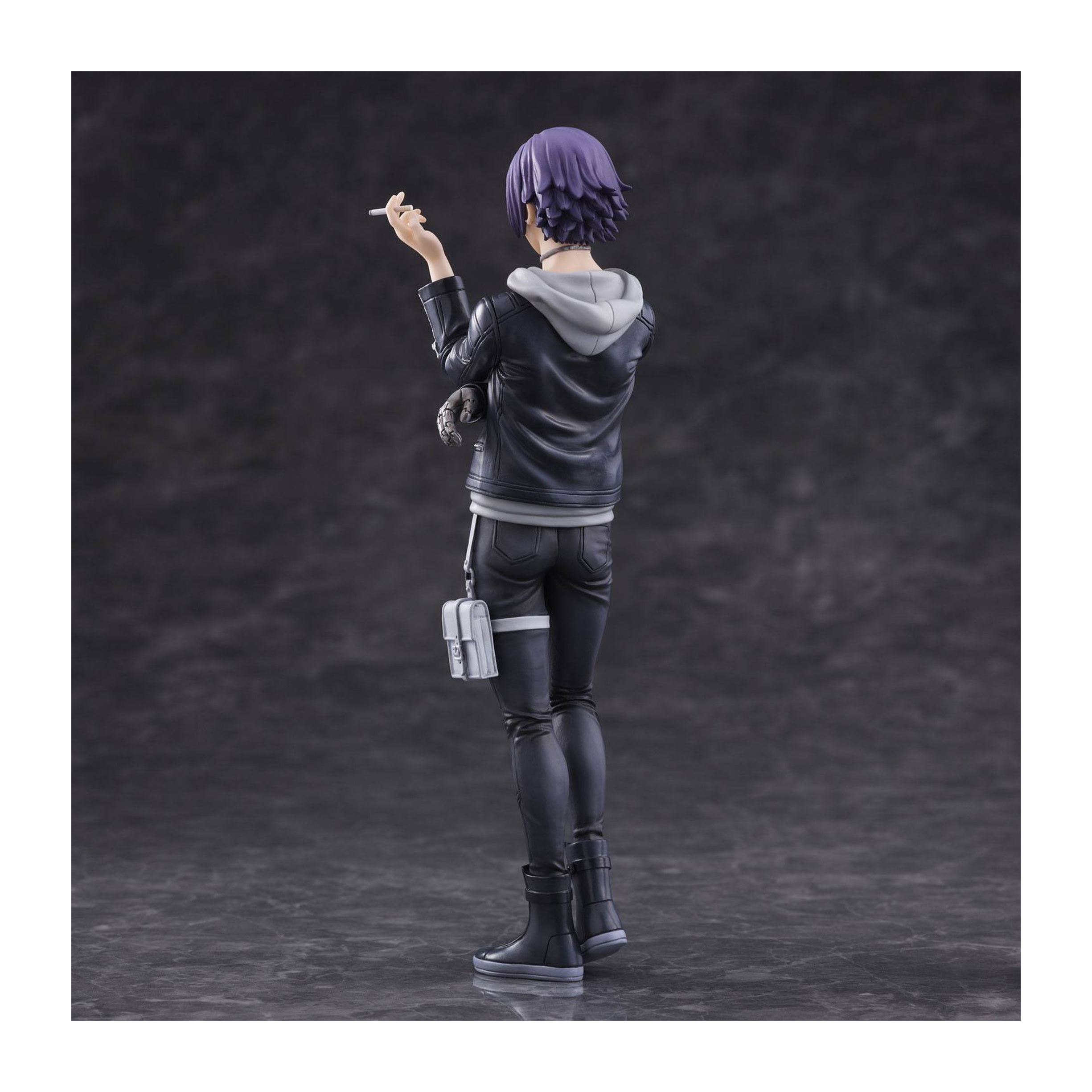 Anime-Figur einer Person mit lila Haaren, schwarzer Jacke, die eine Zigarette hält.