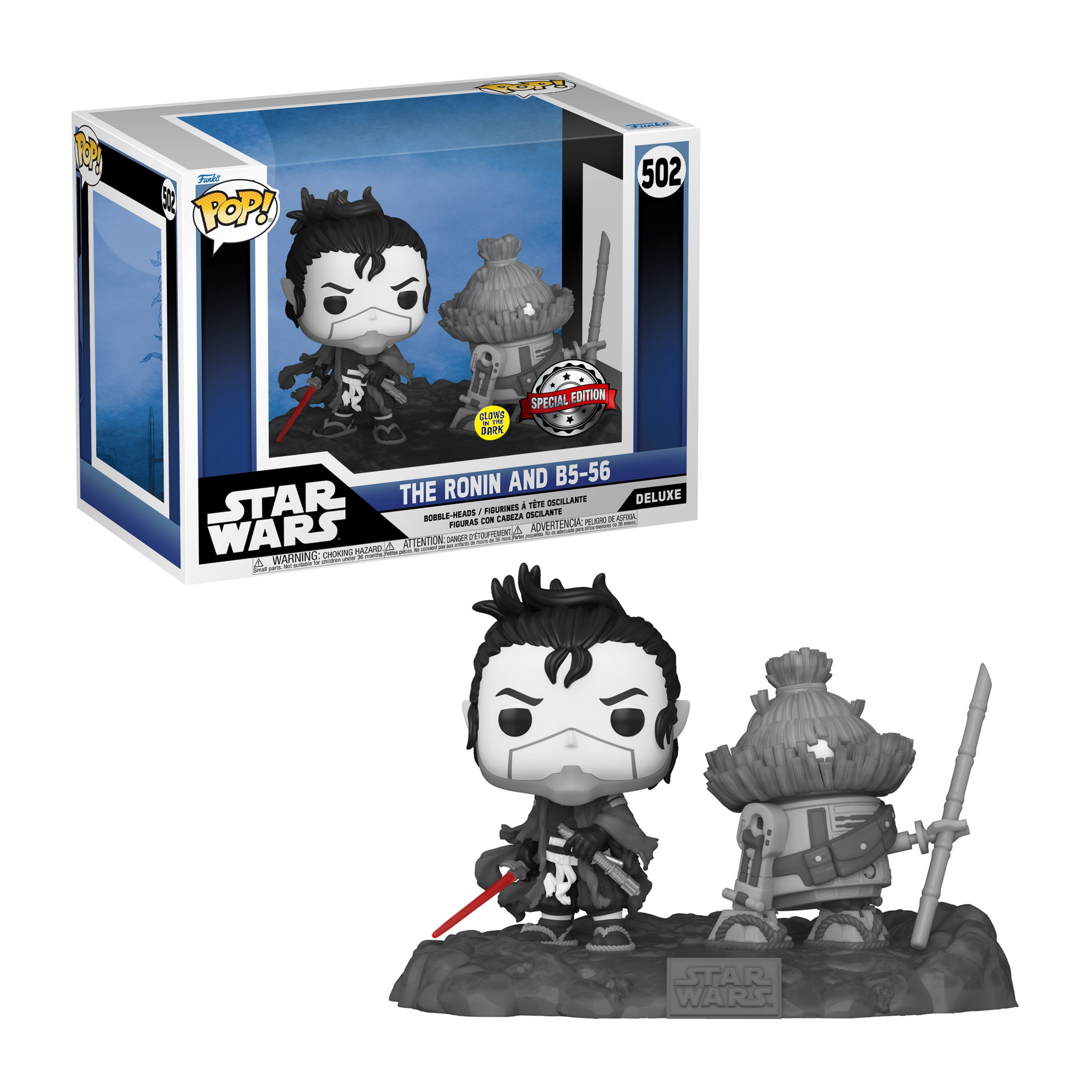 The Ronin und B5-56 Funko Pop Figur. Die Figuren sind schwarz und weiß mit einem roten Lichtschwert. Box sichtbar.