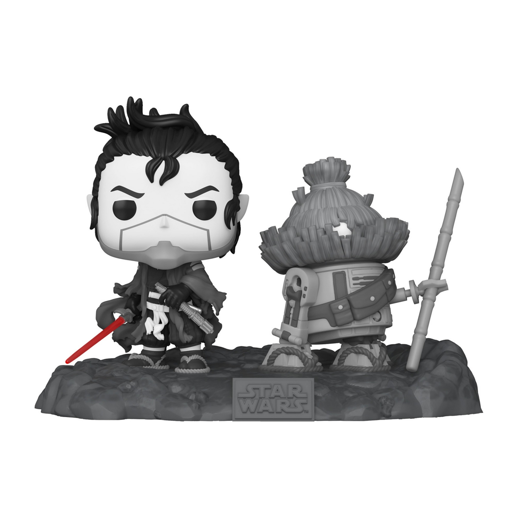 Eine graue Star Wars-Figur mit einem samuraiartigen Charakter und einem Roboter. Sie stehen auf grauer Basis.
