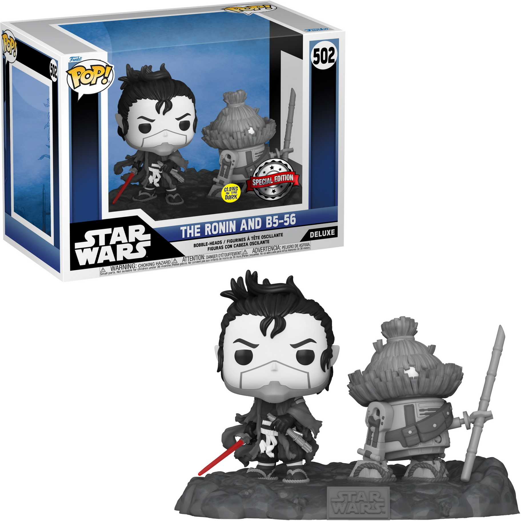 Schwarz-weiße Funko Pop-Figur eines Star Wars-Charakters mit rotem Lichtschwert und einem Droiden.